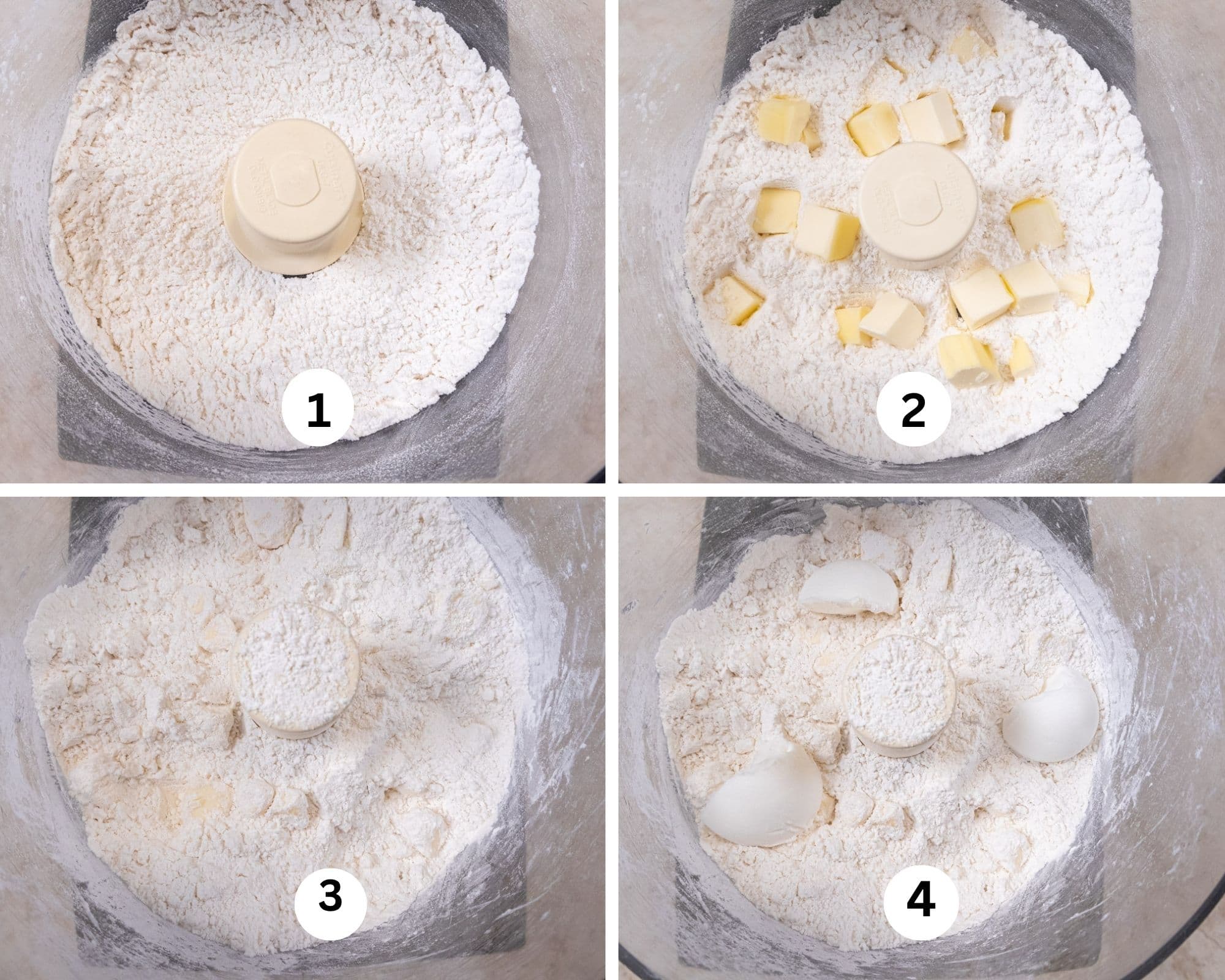 This collages shows the pie crust being made with the dry ingredients in the processor, the butter cut in and the shorteng added to the processor.