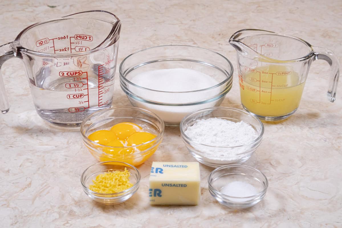 The ingredients for the Lemon filling are: water, granulated sugar, cornstarch, salt, unsalted butter, lemon juice and lemon zest. 