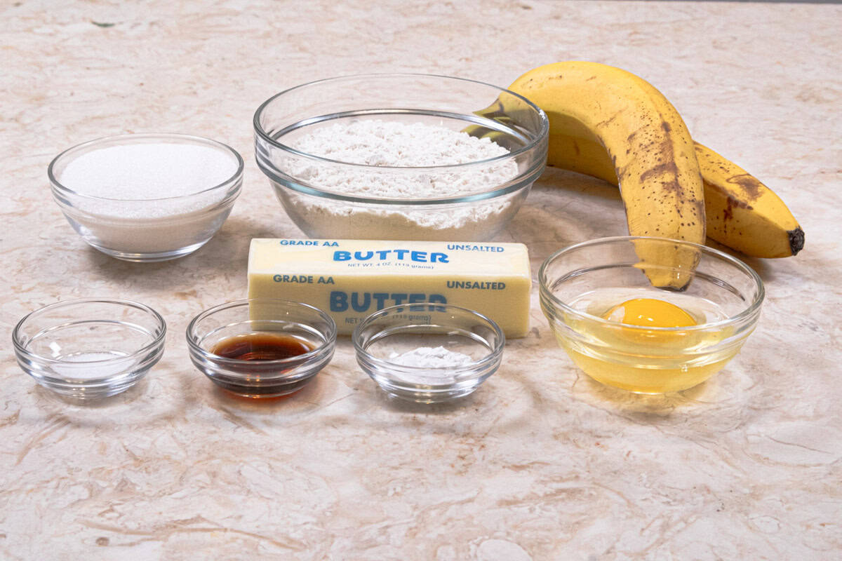 Ingredients for the muffins are all-purpose flour, baking powder, salt, bananas, unsalted butter, granulated sugar, egg and vanilla.