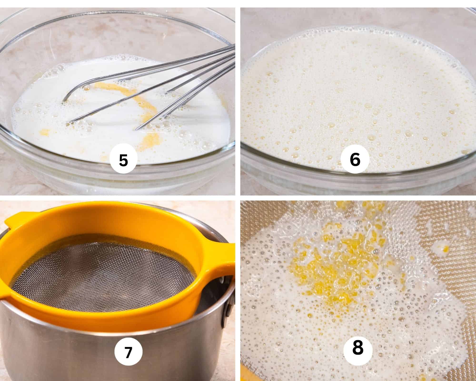 This collage shows the milk being added, whisked in, strained over the saucepan and the residue in the strainer.