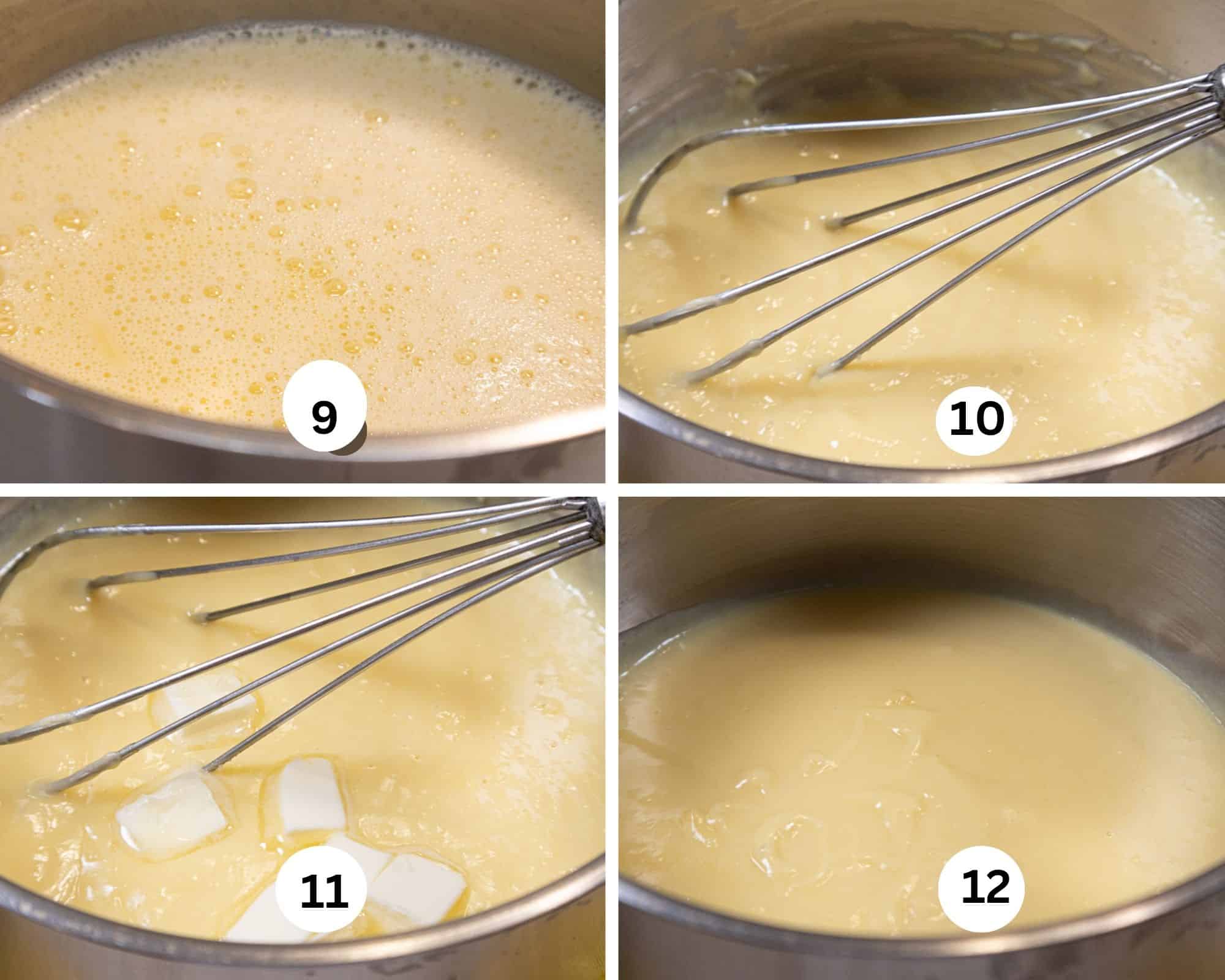 The last pastry cream collage shows the mixture transferred to a saucepan, brought to a boil, butte added and the pastry cream finished.