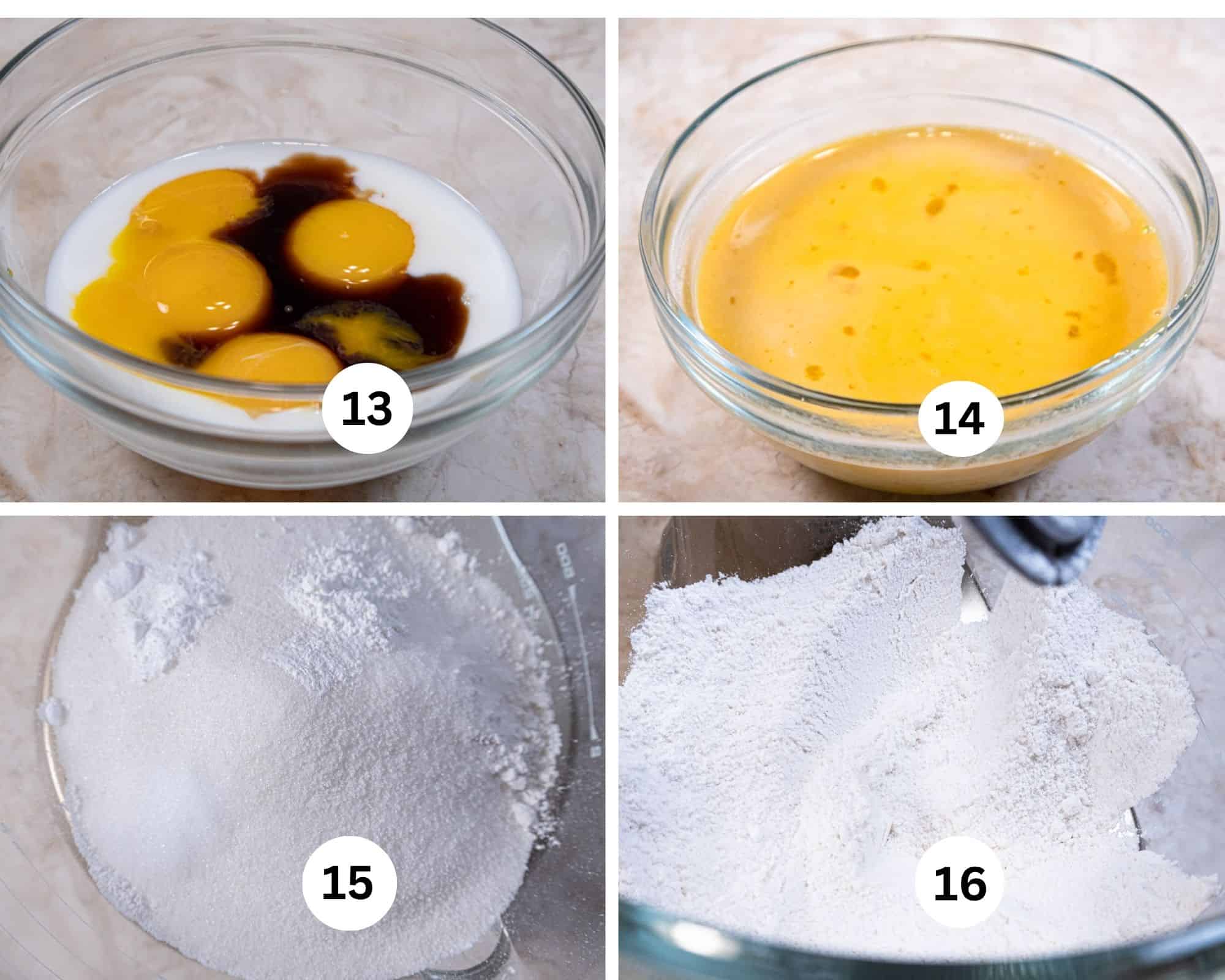 The first collage for the cake shows the egg yolks, buttermilk and vanilla in a small bowl, whisked together, the flour, baking powder and baking soda in a mixing bowl and then mixed.