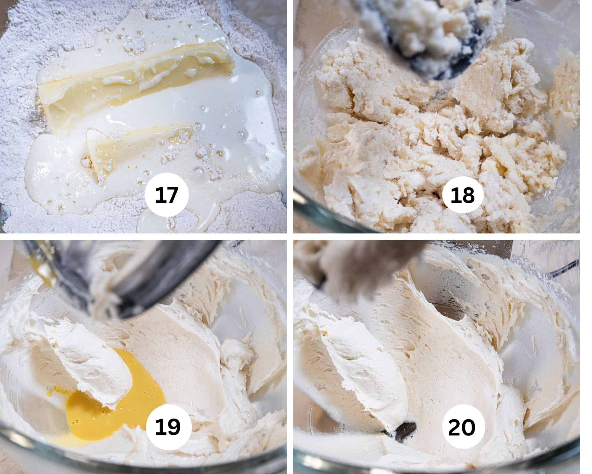 The butter and remaining buttermilk are added to the dry ingredients in the mixing bowl, the batter is brought together, ⅓ ov the egg mixture is added and beaten in.
