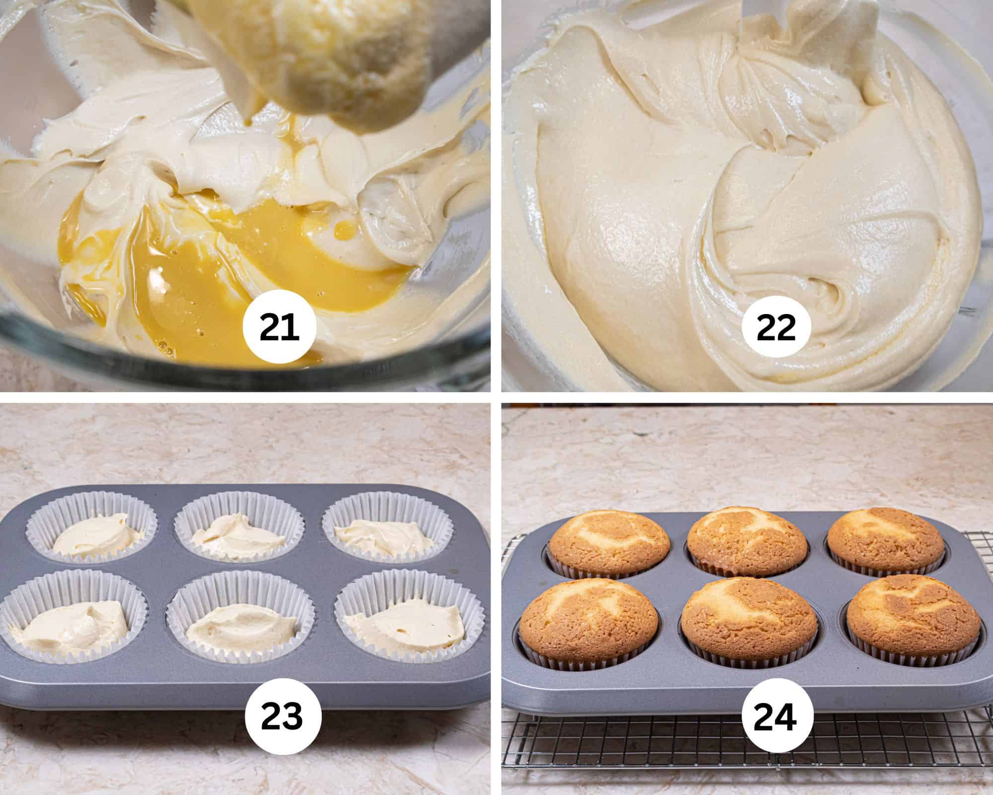 The final collage for the cake show the last of the egg mixture in, and the final batter, the cupcakes filled and baked.