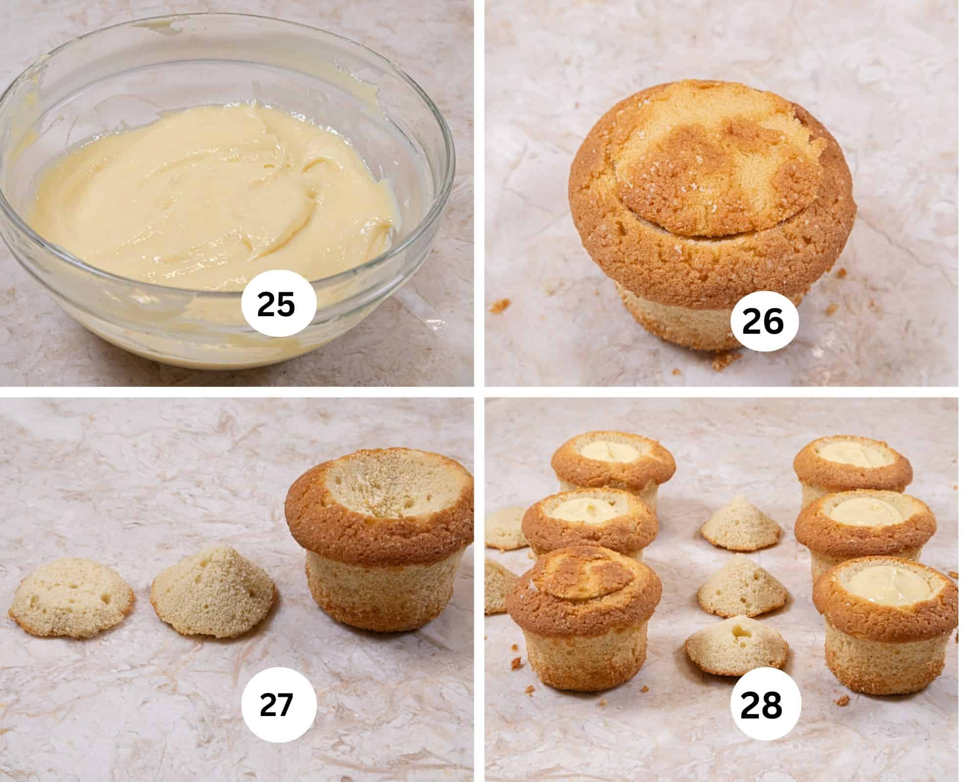 This collage shows the pastry cream being whisked, the top cut from the cupcake, the insert with the pointed end and the pointed end being cut offg, the cupcakes filled.