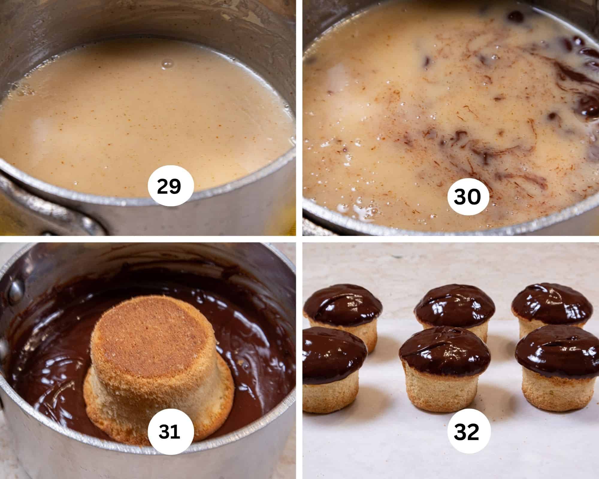 The last collages shows the hot honey ganache ingredients in a saucepan heated to steaming the chocolate submerged, a cupcake turned upside down and the finished chocolate topped cupcakes.