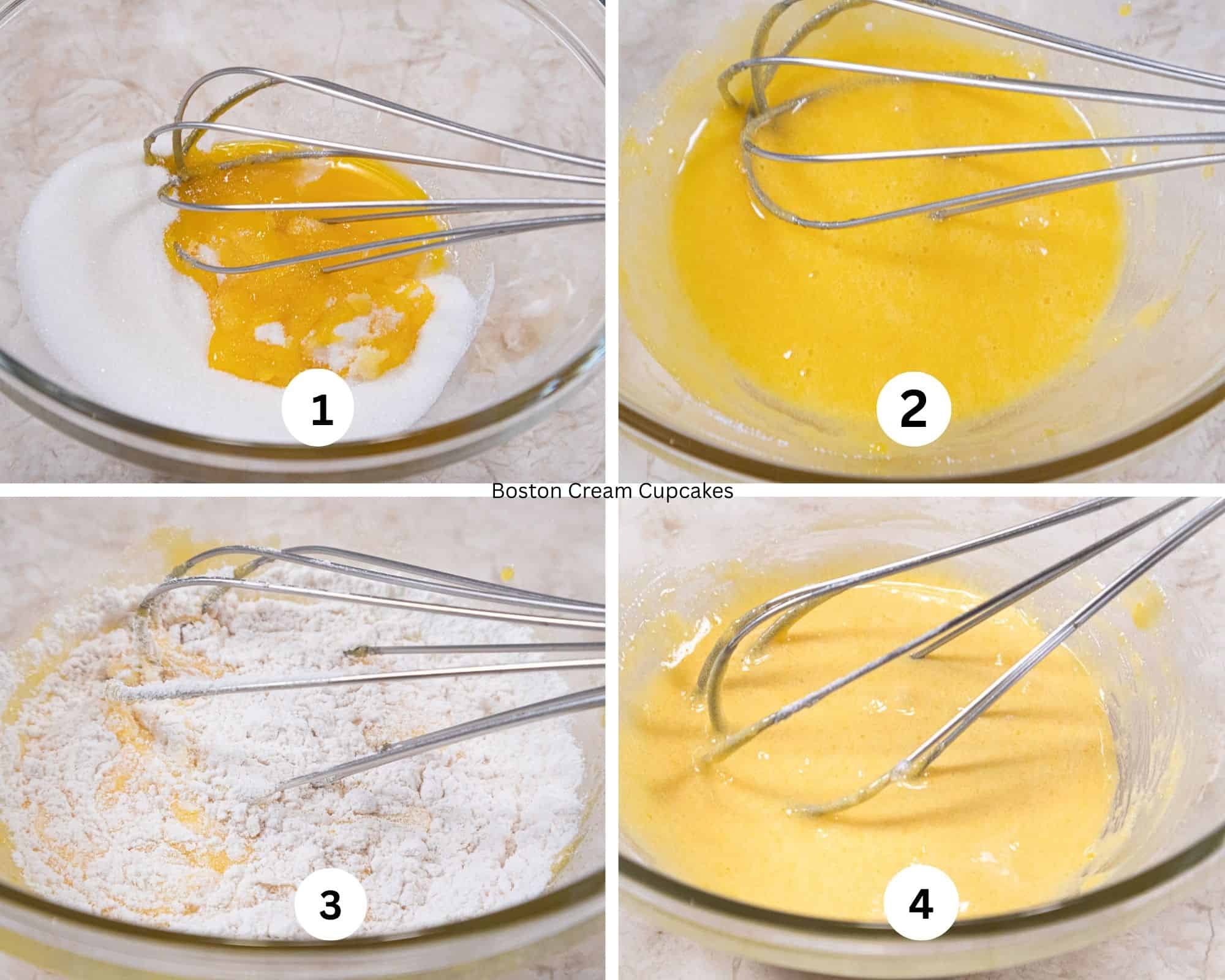 This collage for pastry cream shows the sugar and egg yolks in a bowl, whisked together, the flour added and everything combined.