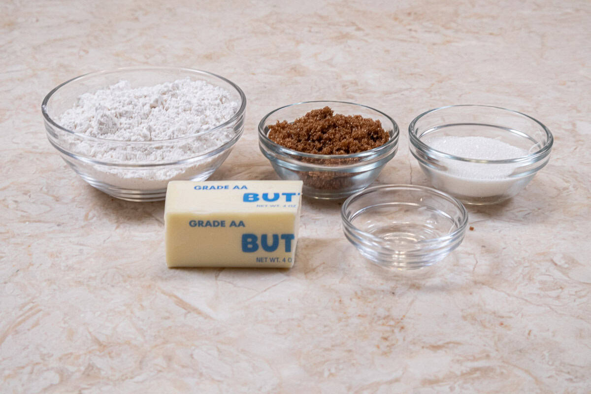 Ingredients for the Crumb Topping are unsalted butter, granulated sugar, brown sugar, cake flour and almond extract, 