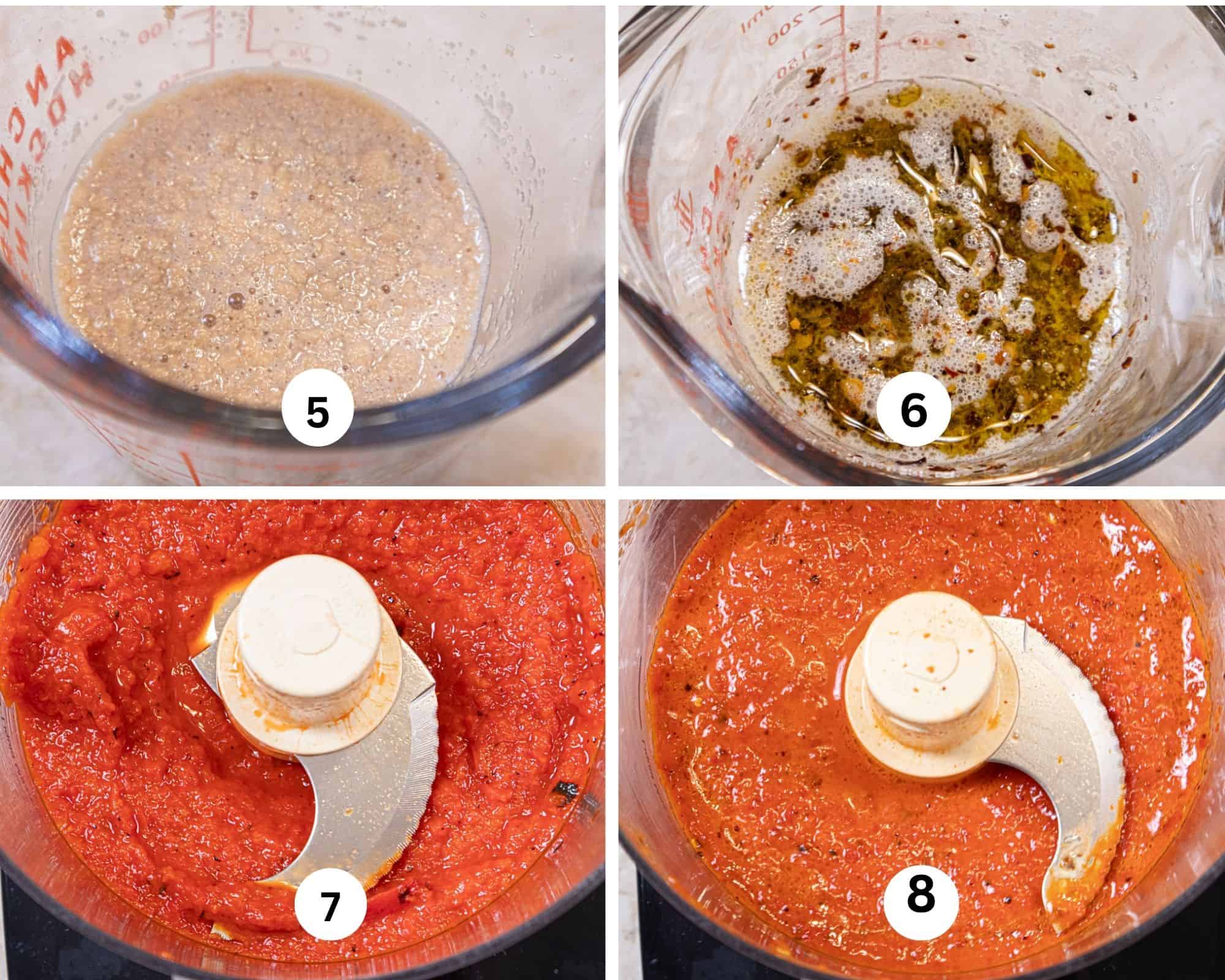 This collages shows the yeast in water, oil and red pepper flakes, the red peppers processed to a puree and the yeast mixture added and processed.