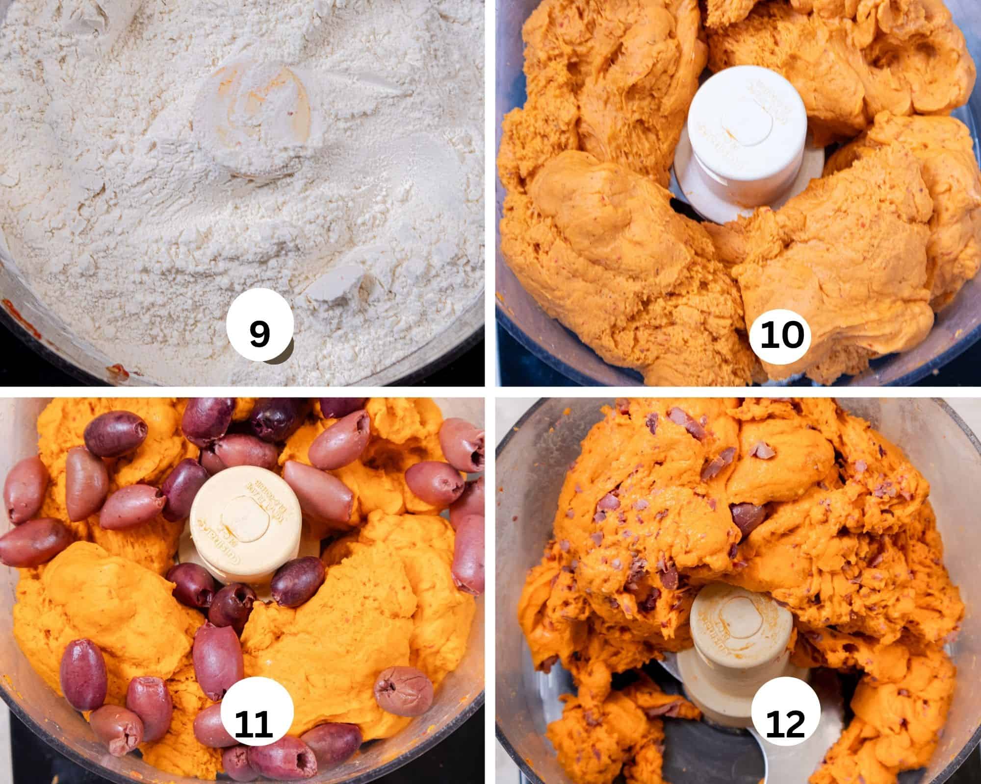 The collages shows the flour added to the process, the dough being made, the olives added on top and the dough pulsed to cut in the olives.