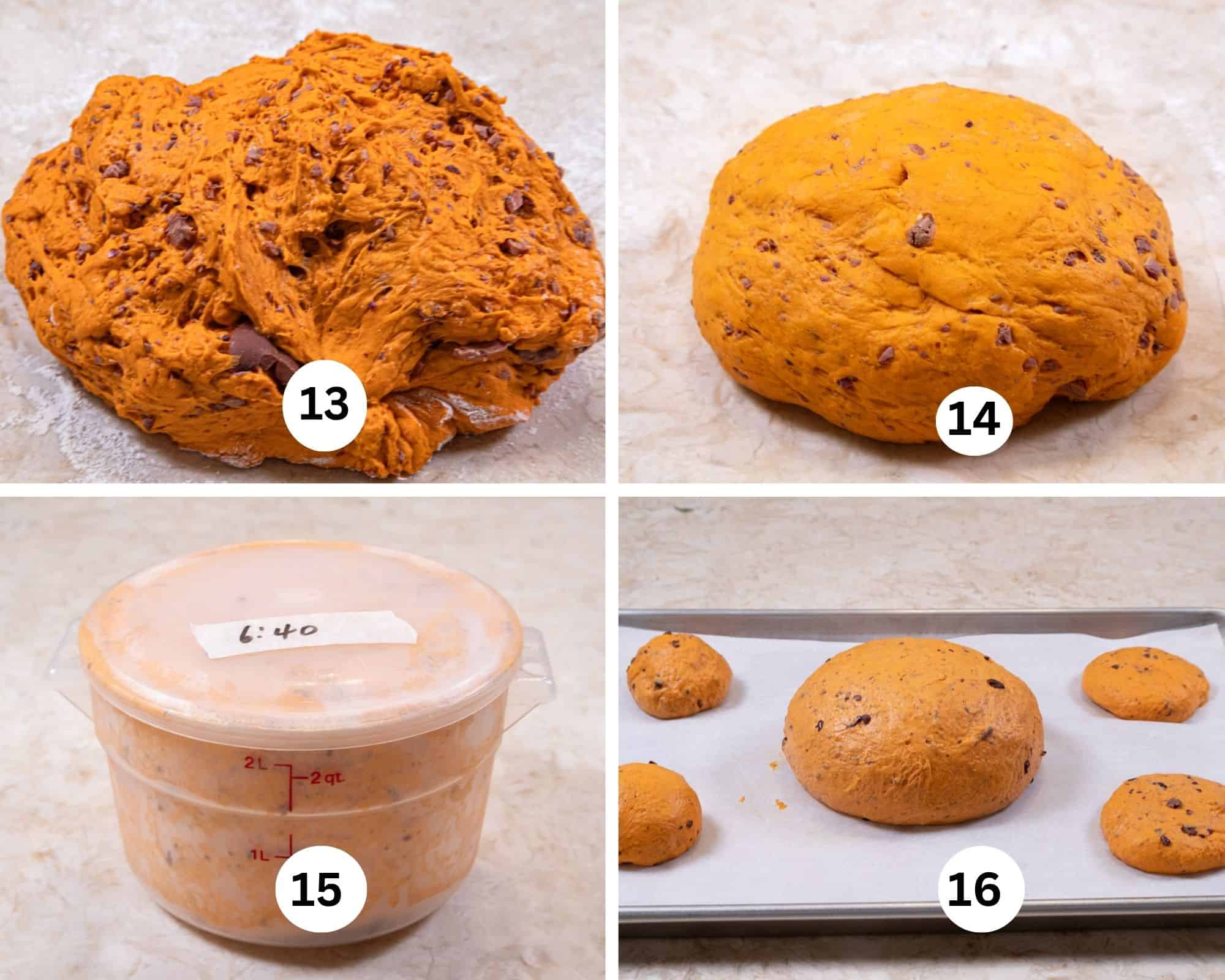 The last collage shows the dough out of the processor, formed into a ball, risen in a container and the dough shaped into a round bread and rolls.