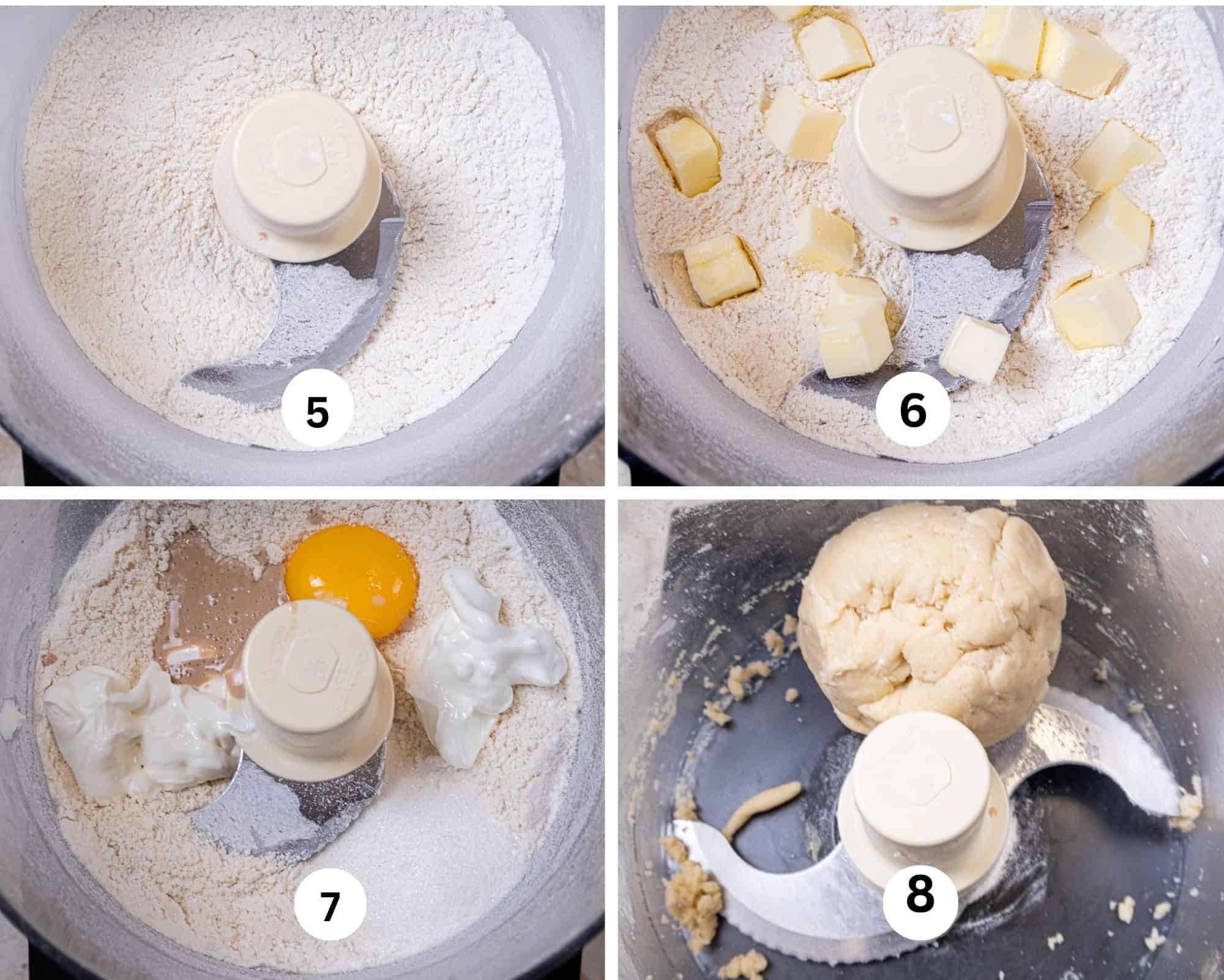 For the pastry dough the flour is added to t he processor and processed to mix, the cold butter is cubed and added, the remainder of the ingredients are added and processed to form the dough. 