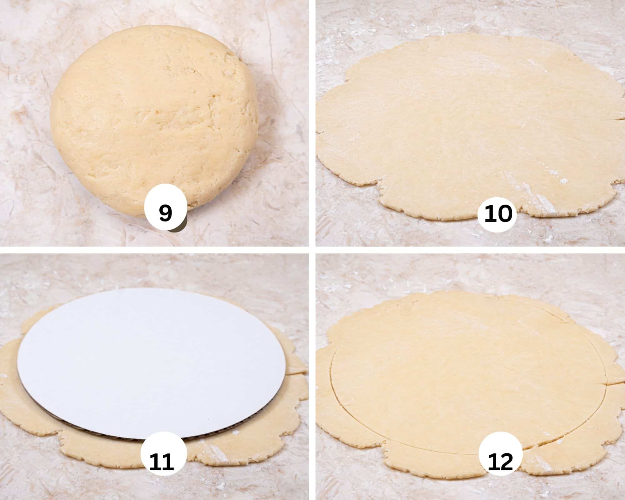 The dough is shaped into a ball, rolled out, and a 10" circle is cut out. 