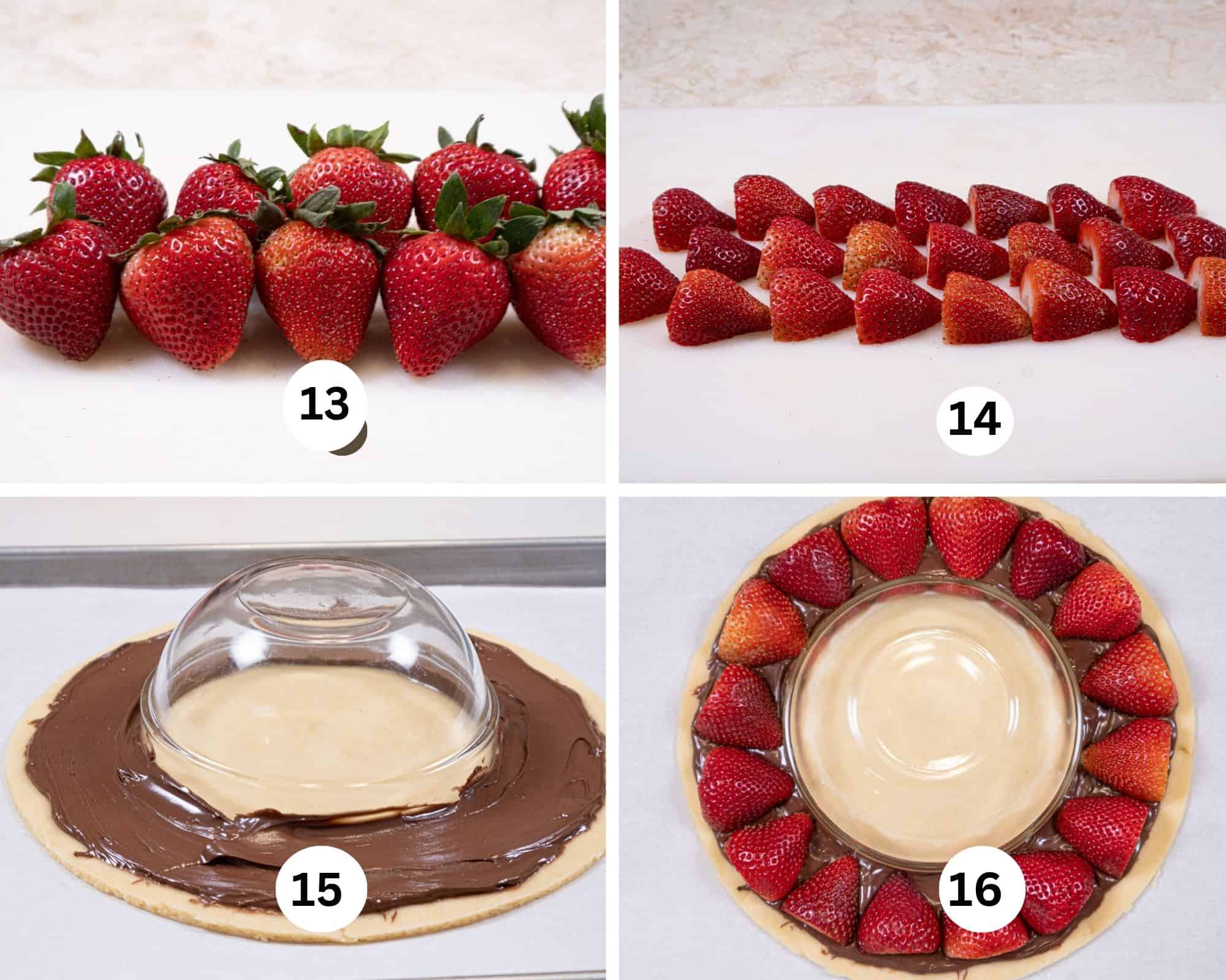 Whole Strawberries are cut in half, a Bowl is placed in the center of the pastry, Nutella is spread to within ¼" of the edge of the pstry and the strawberry halvescover it, 