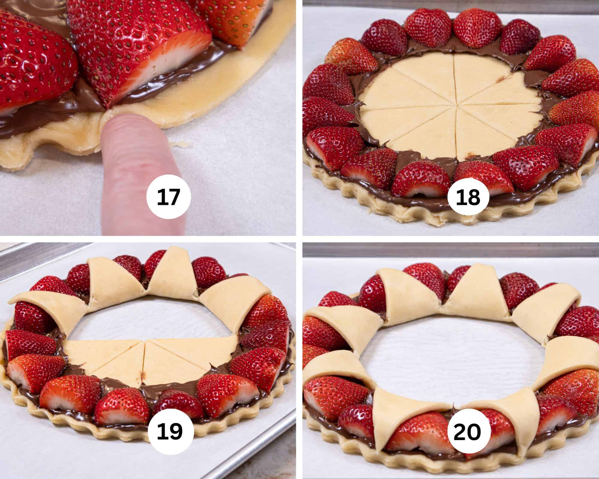 This collage shows the edge being crimped, the center of the dough and turned over the strawberries.