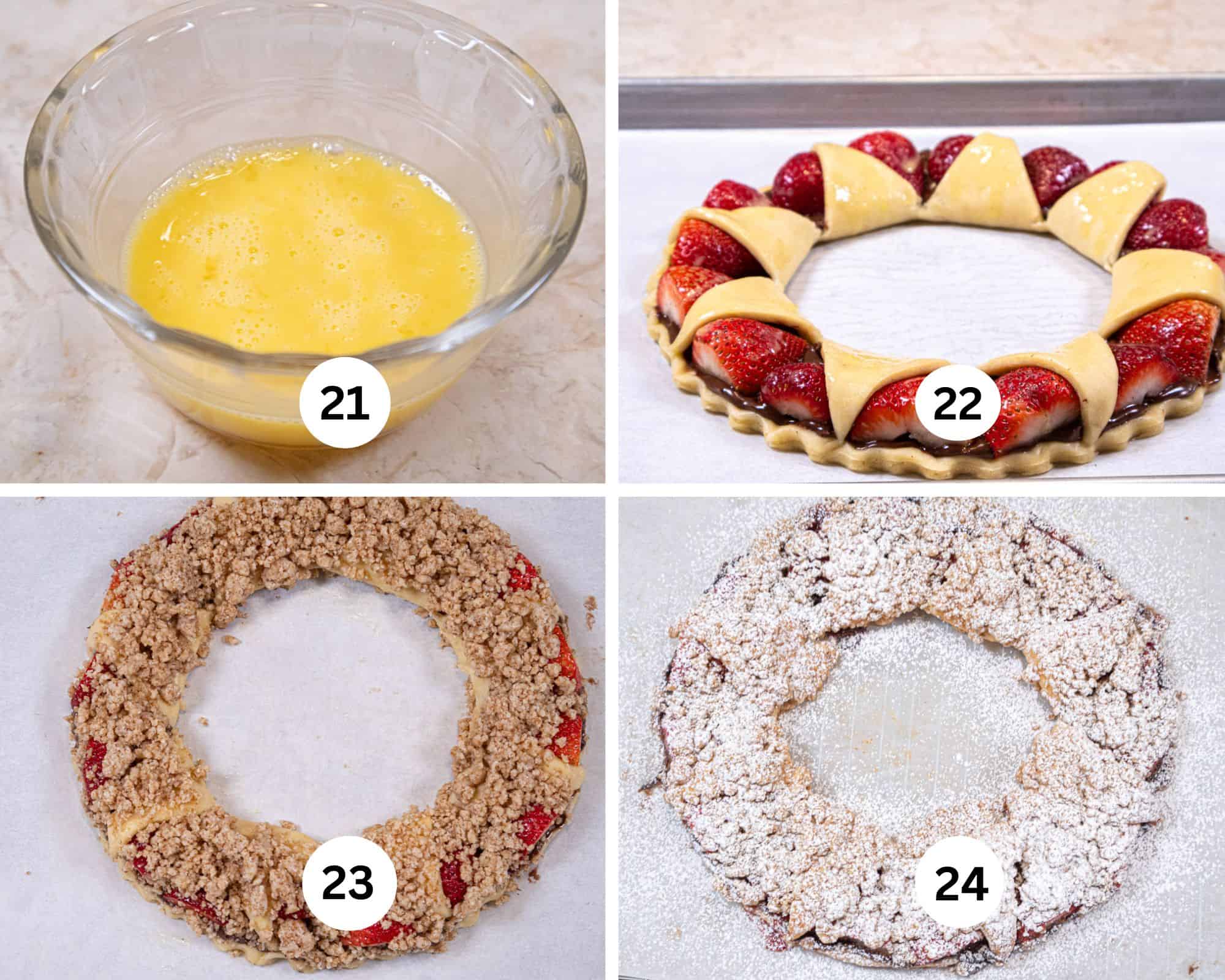 The final collages shows the egg beaten, the trt egg washed, the crumbs added and the baked tart powdered sugared. 