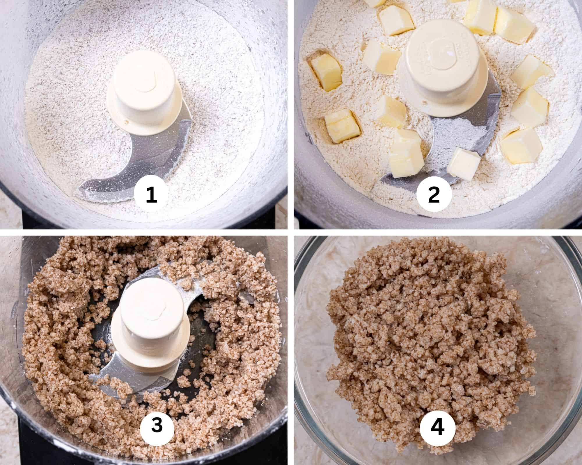 for the crumb topping the flour is in the processor, the butter is added, the crumbs are made. 