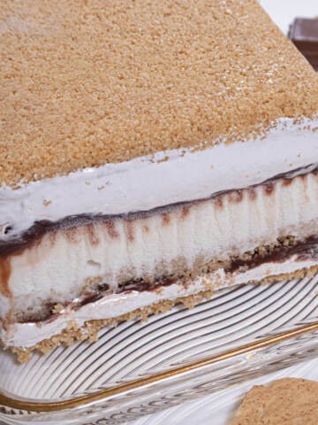 The S'Mores Ice Cream Cake sits on a gold rimmed cake plate with shards of graham cracker crumbs and chocolate around it,