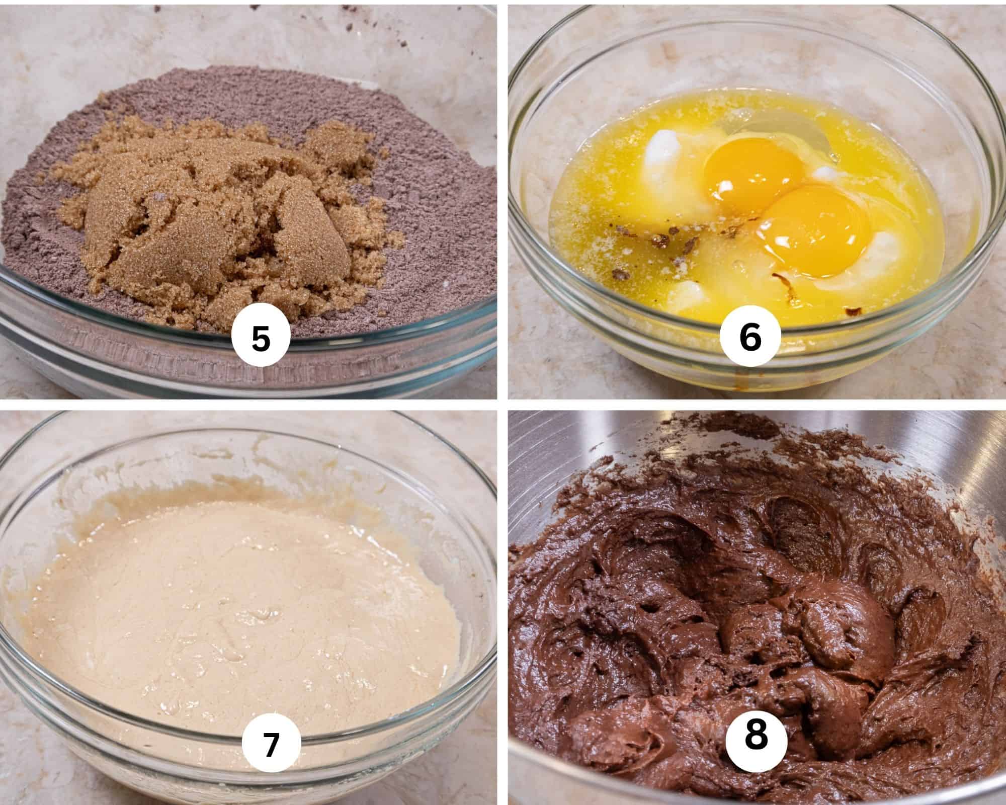 This collages shows the brown sugar being added to the bowl, the melted butter, eggs, vanilla with the coffee dissolved in it and the sour cream in a bowl.