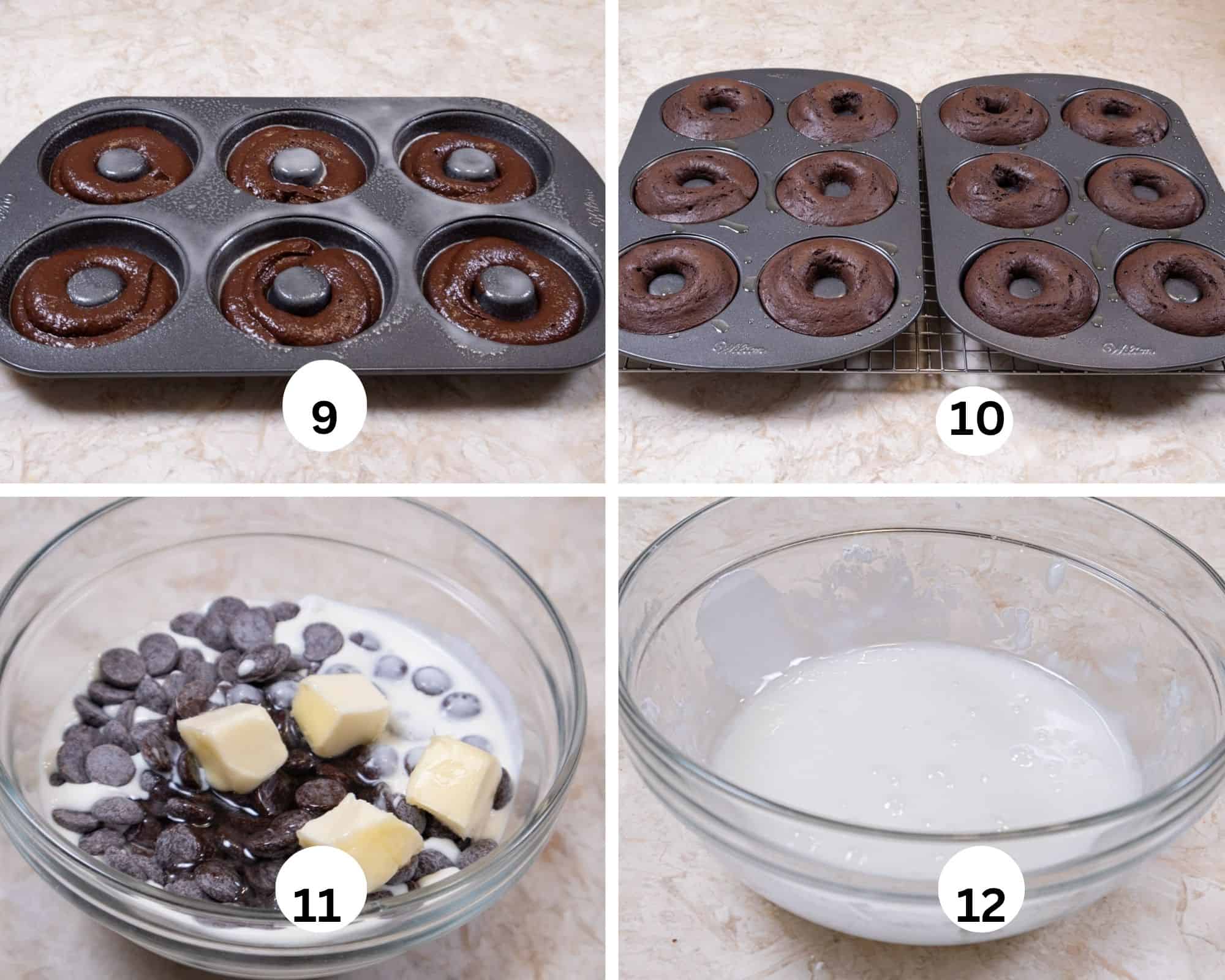 The final collages shows the cake batter piped into a cale donut pan amd baled along with the chocolate glaze being made and the powdered sugar glaze in a bowl.