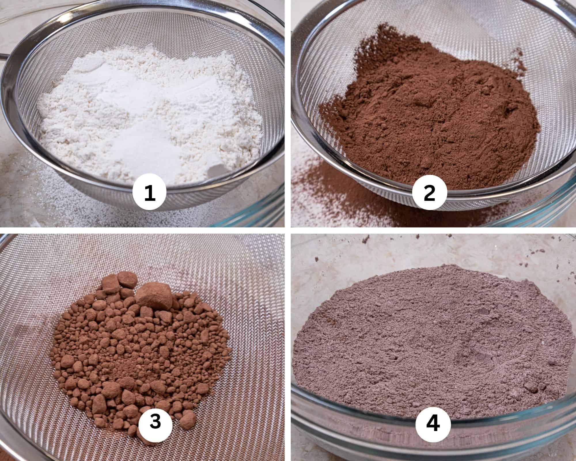 The first collage for the Chocolate Bake Donuts shows the flour, baking soda, baking powder and salt in a strainer, the dutch cocoa in a strainer, lumps of the cocoa and the cocoa strained of lumps.