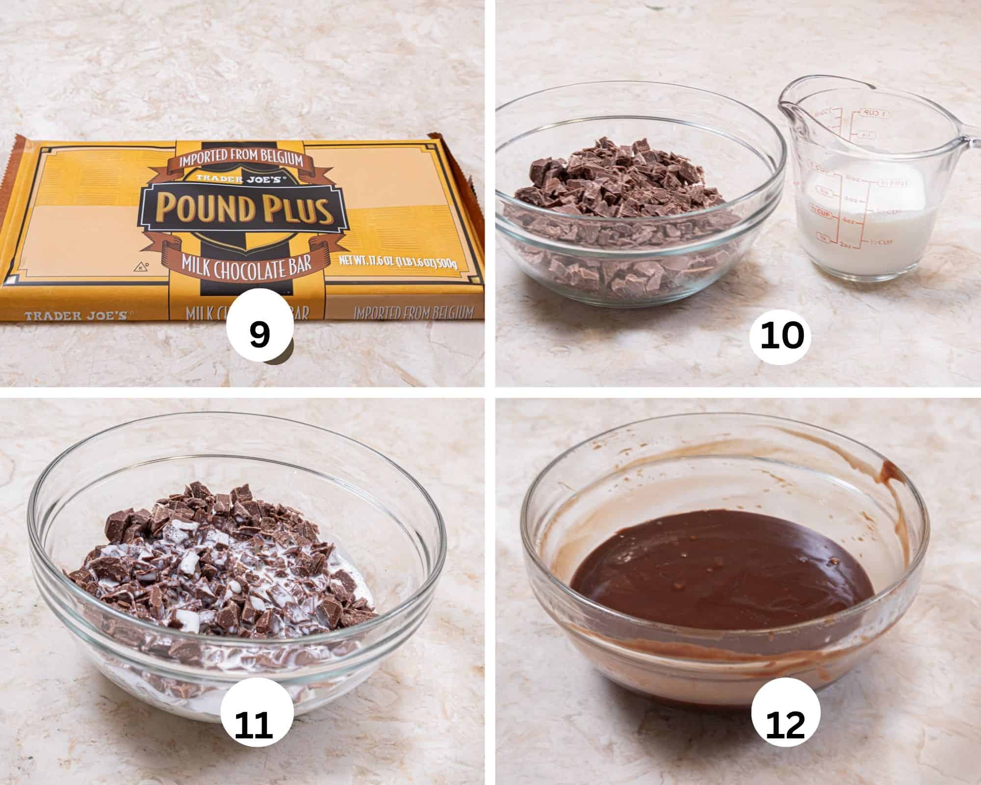 Le gâteau à la crème glacée s'mores est vraiment incroyable 3 Ce collage de photos montre un bloc de chocolat au lait Trader Joe's, du chocolat haché et de la crème épaisse, ainsi que les deux dans un bol moyen, chauffant et remuant doucement.