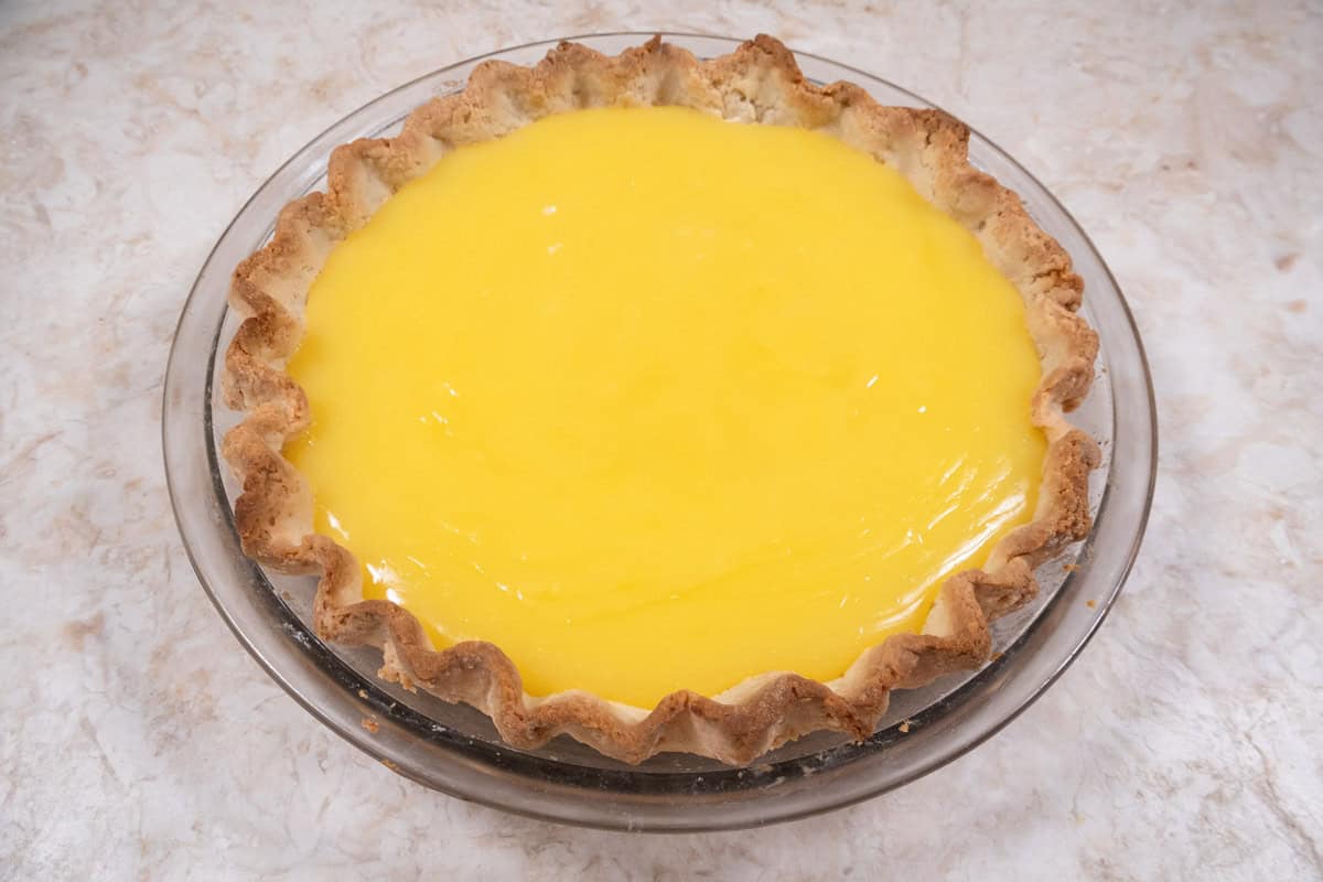 The filling has been poured into te pie filling.  