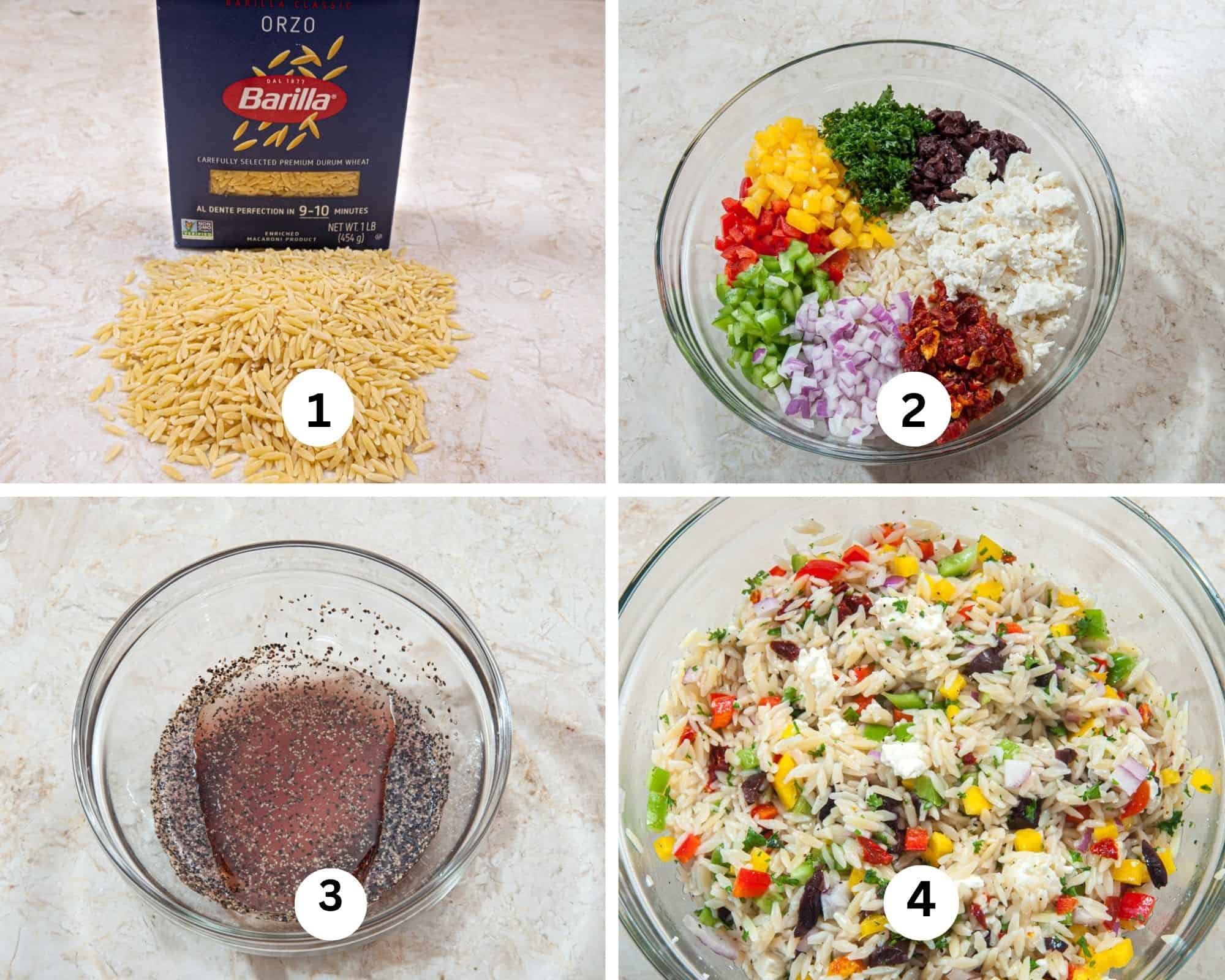 This one and only collage shows the package of orzo past, the past itself, a blow of the cut up ingredients, the salad dressing and the finished pasta. 
