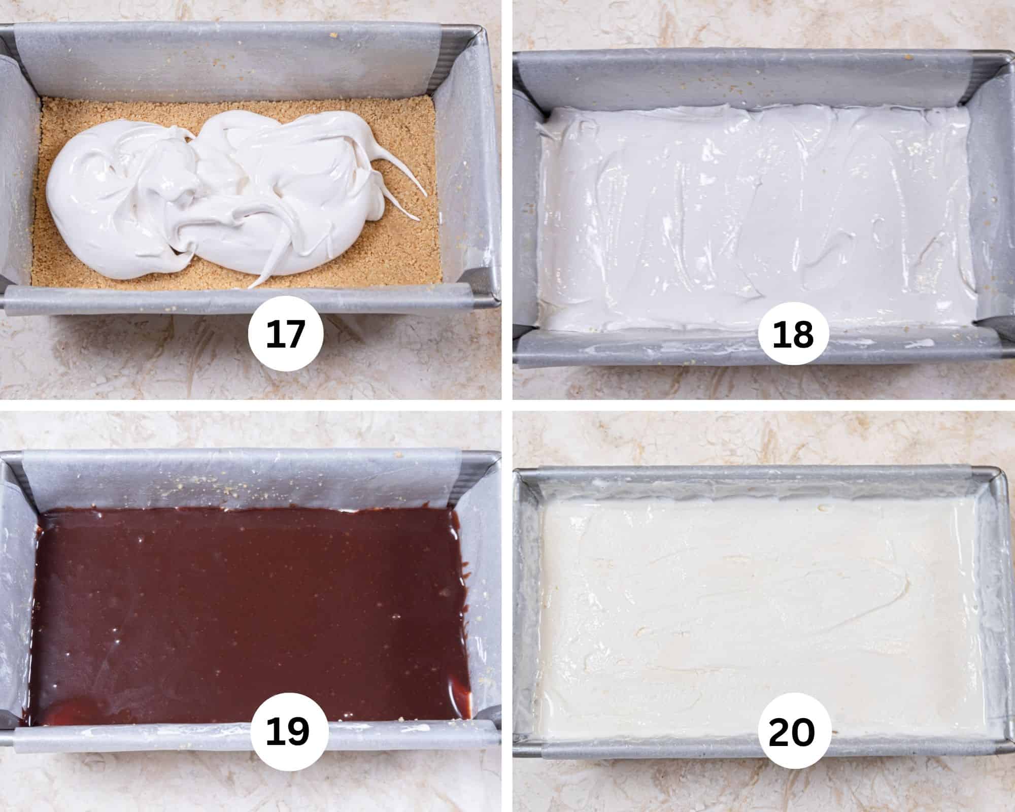 Le gâteau à la crème glacée s'mores est vraiment incroyable 5 Ce collage de photos montre la crème de guimauve sur la croûte inférieure, la pâte à tartiner, la ganache au chocolat sur la guimauve et la crème glacée sur la ganache,