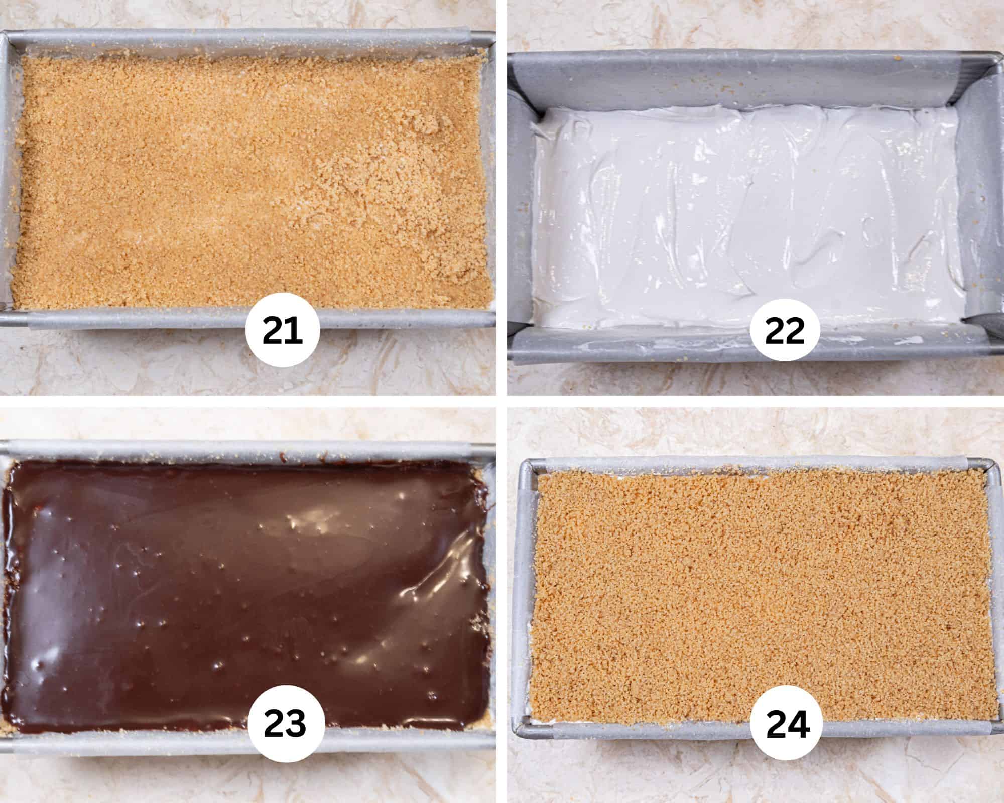 Le gâteau à la crème glacée s'mores est vraiment incroyable 6 L'ensemble final montre la couche intermédiaire de chapelure de biscuits Graham, une deuxième couche de glaçage à la guimauve, puis la ganache et enfin la couche finale de chapelure de biscuits Graham.