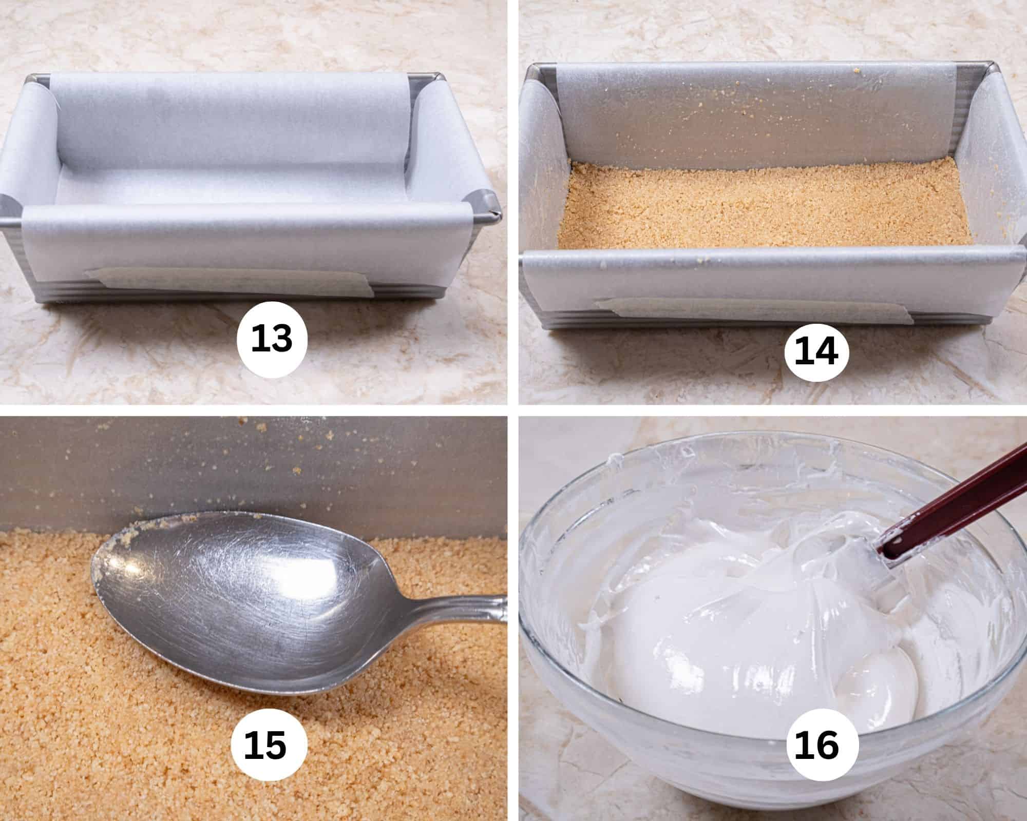 Le gâteau à la crème glacée s'mores est vraiment incroyable 4 Cette photo collage montre l'intérieur de la poêle enveloppée de papier sulfurisé, la croûte inférieure d'un biscuit Graham, les bords fixés au bord de la poêle avec une cuillère et la consistance de la crème de guimauve dans un bol.