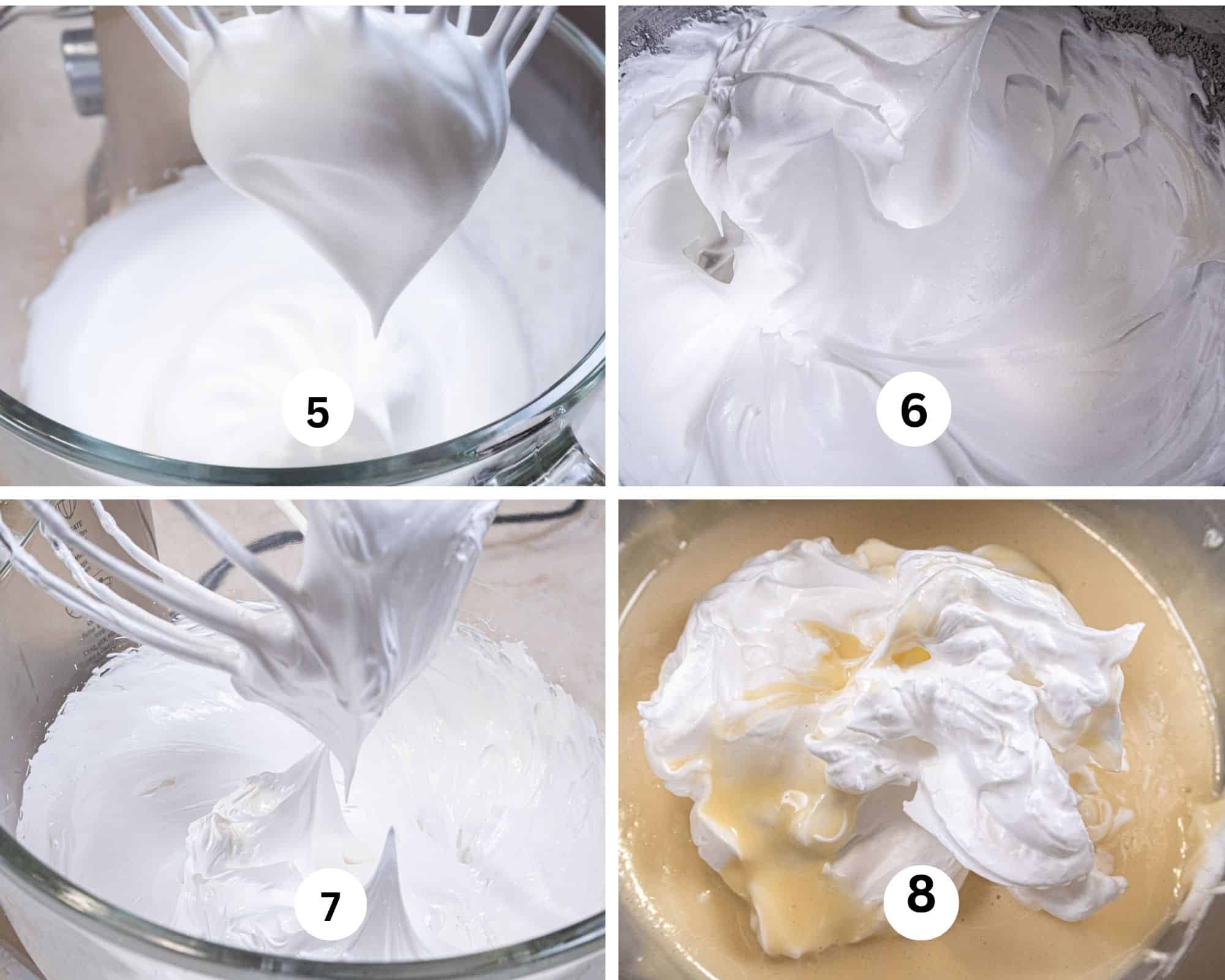 he last collages shows the meringue beaten to soft, medium an d stiff peaks as well as being added to another mixture ready to be folded in.