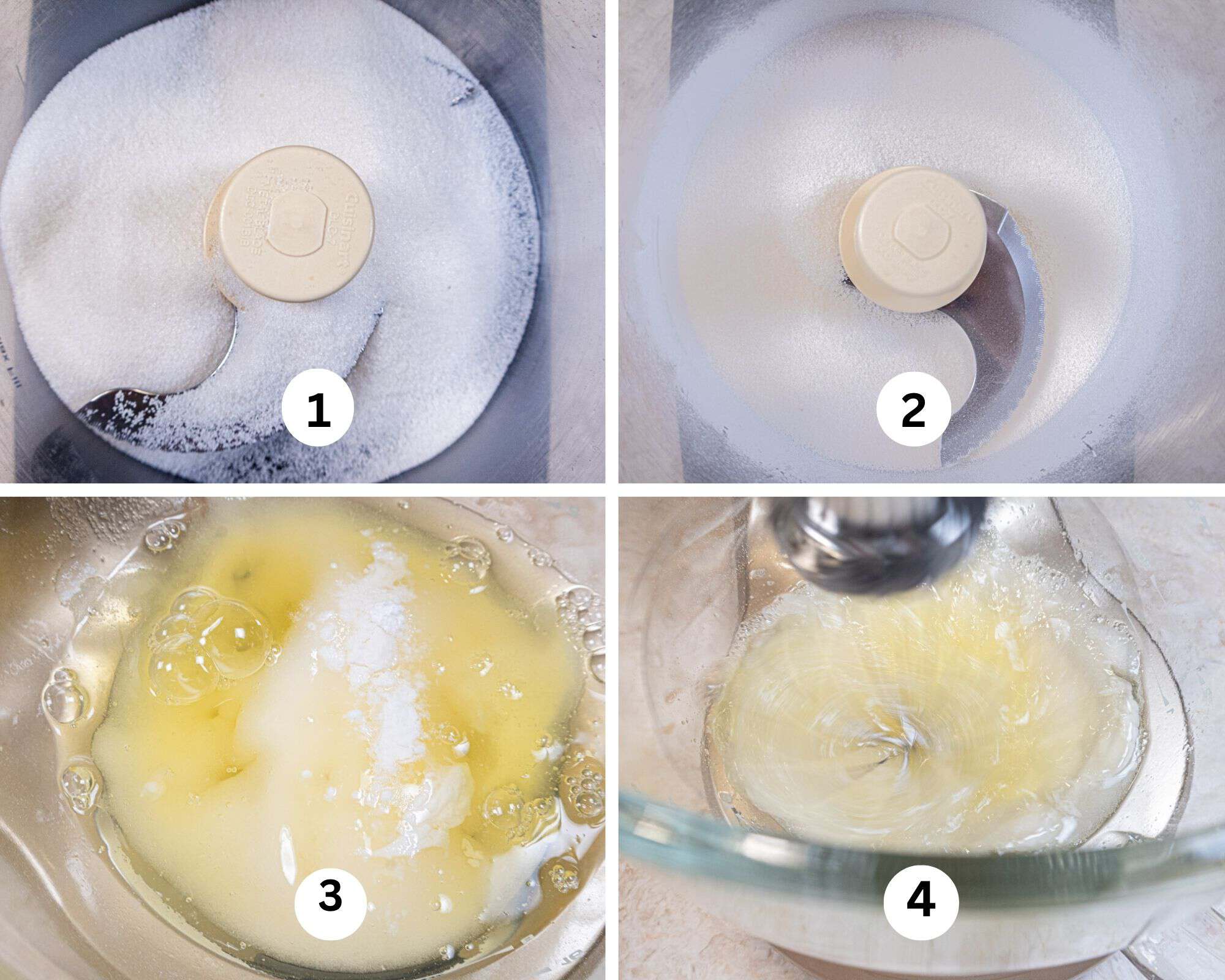 The first collage for Modern Meringue Made EAsy shows the granulated sugar in the processor, then processed into Baker's sugar as well as the egg whites, baker' sugar and cream of tartar in a mxing bowl and finally being whipped .