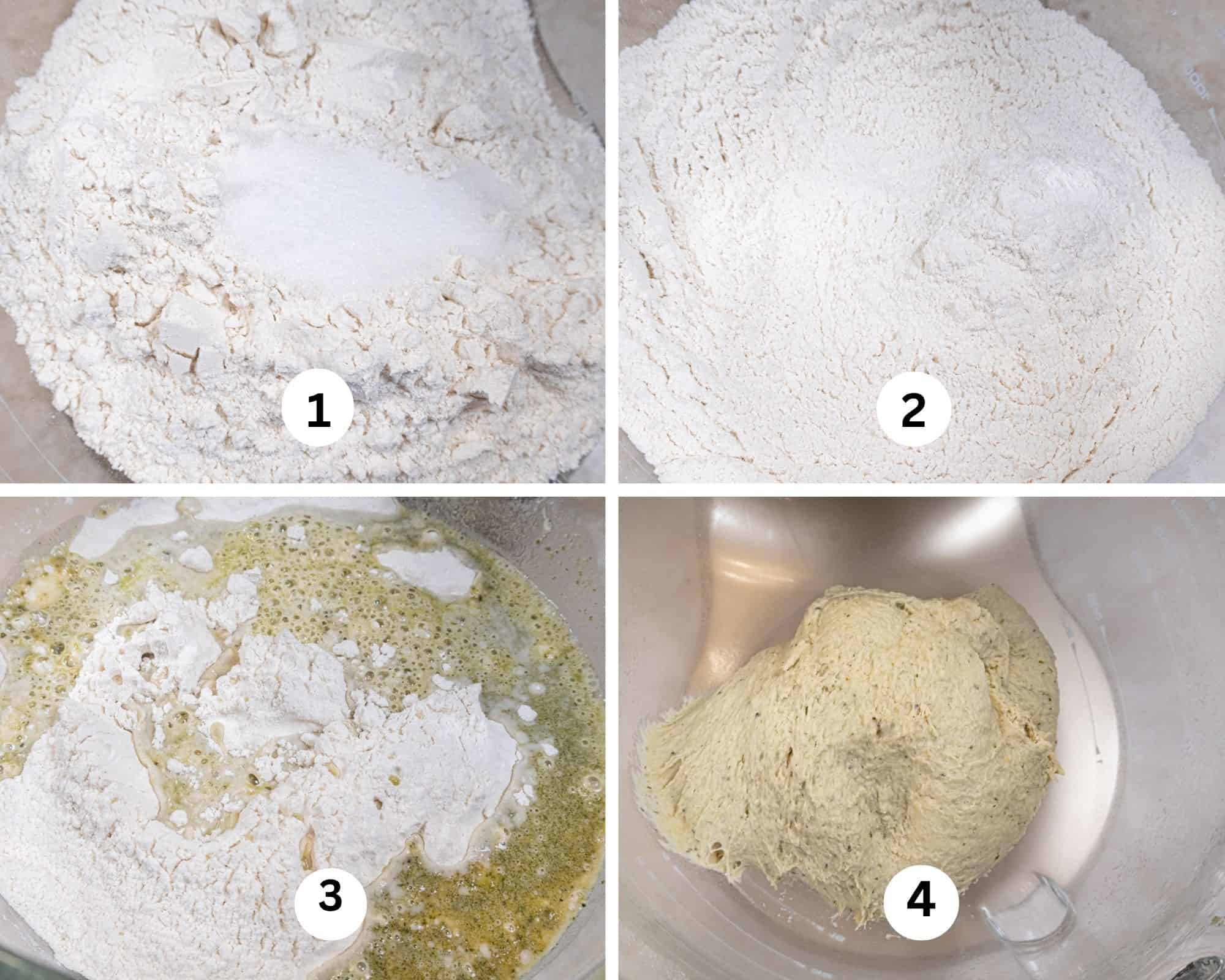 The first collage for the bread shows the flour, and salt in the mixing bowl, then whisked ttogether, the liquids added and the finished dough,