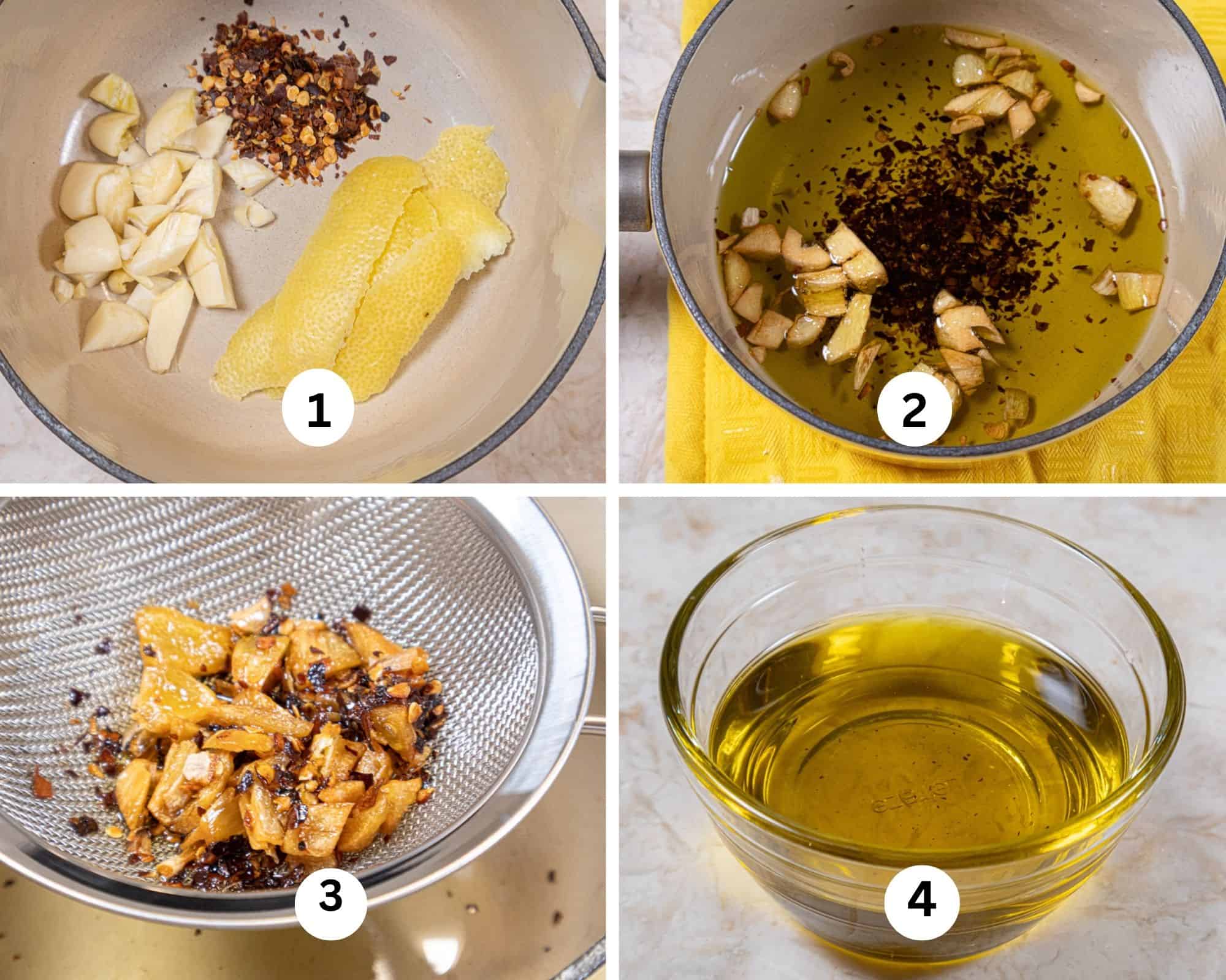 The zippy garlic oil collages shows the garlic, pepper flakes and lemon rind in a saucepan, oil added and garlic browned, the mixture strained and the clear oil.
