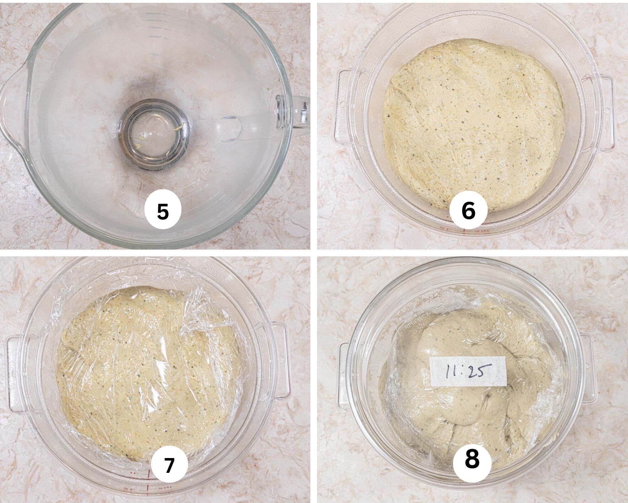 This collage shows the clean bowl after beating the dough, the dough in a container to rise, covered with film and the time on the lid of the container.