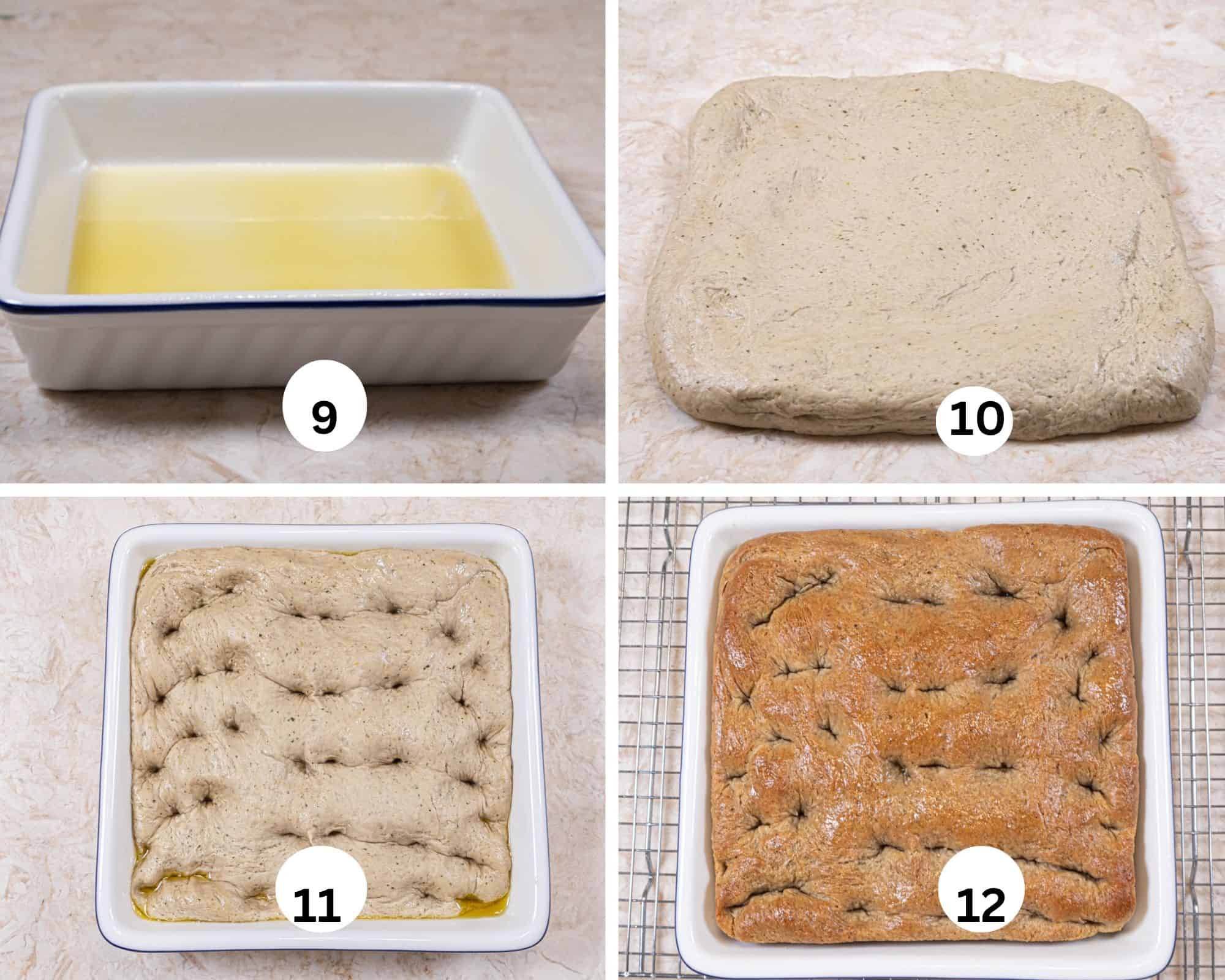 Thew last collage shows the zippy oil in the bottom of the baking dish, the lemon pepper focaccia patted out before placing in the dish, placed in the dish and dimpled then baked and brushed with zippy garlic oil.
