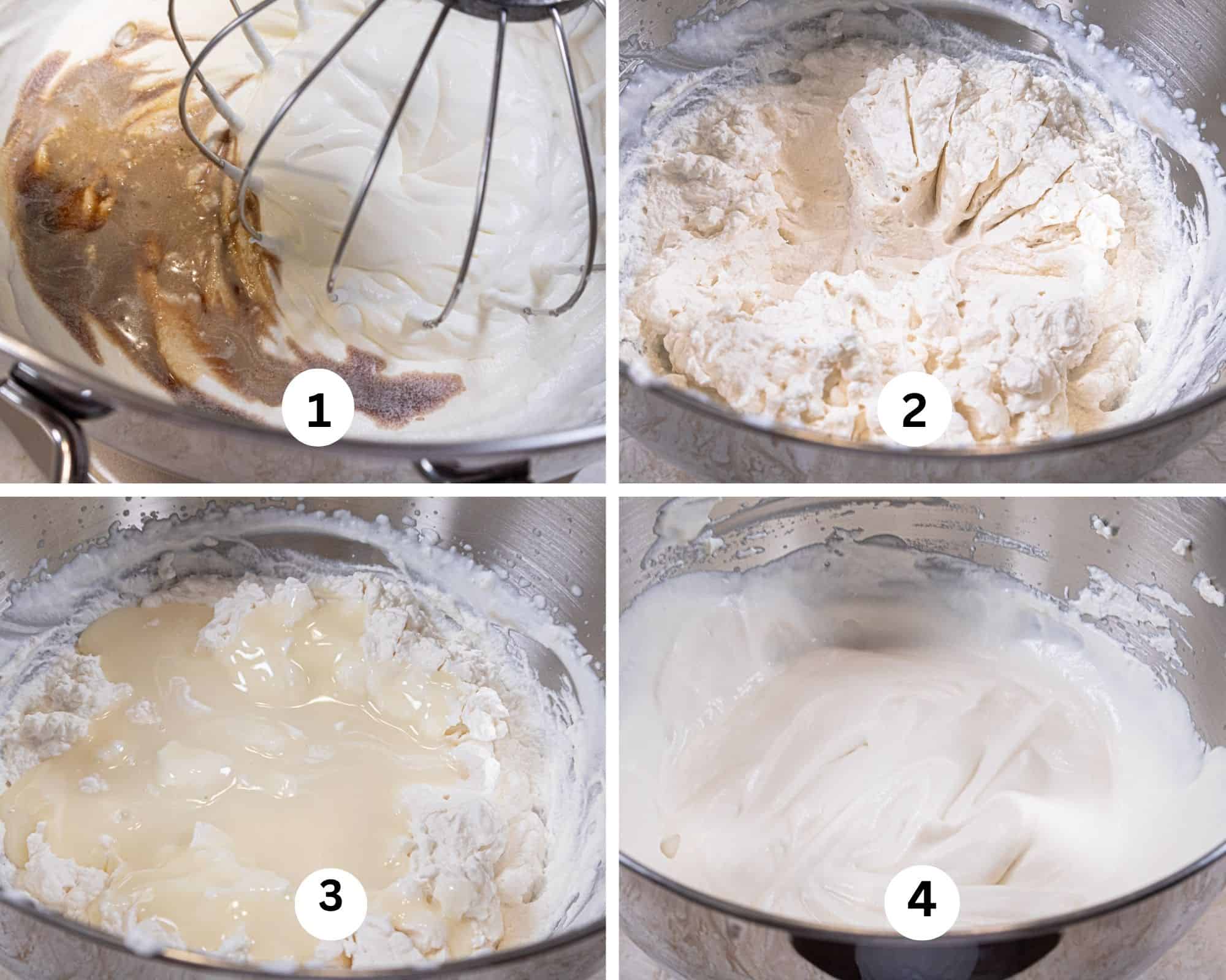This collage shows the vanilla added to the whipped cream, the cream whipped stiffly, the condensed milk added and mixed in.
