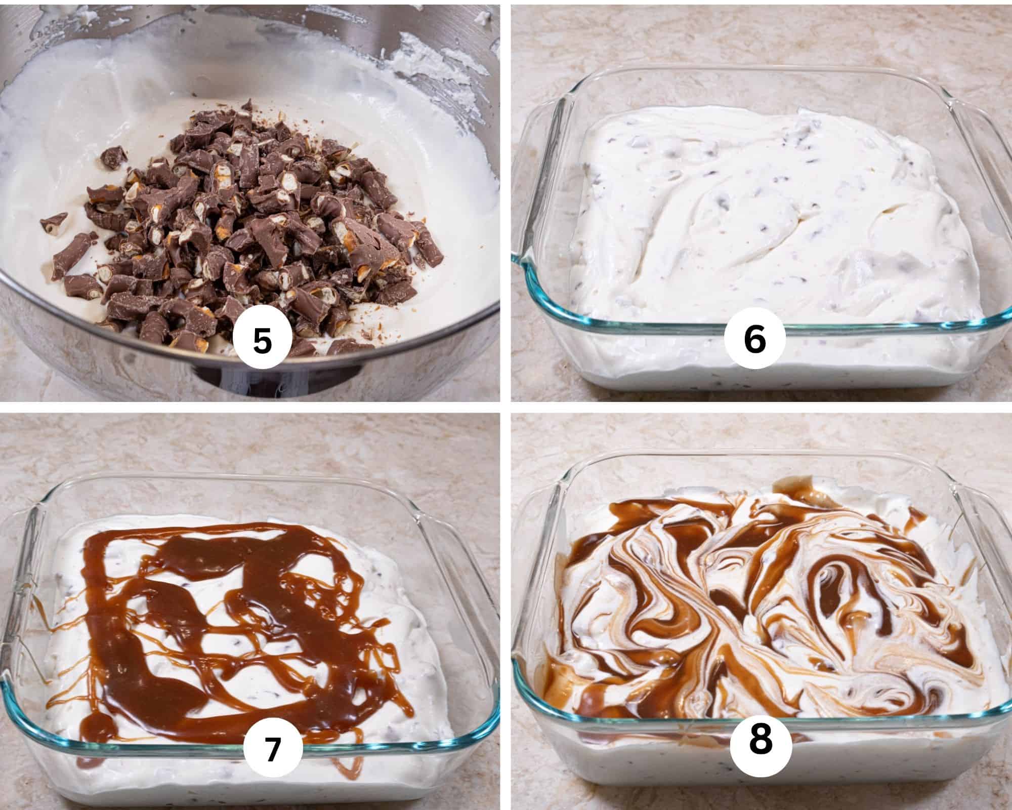 The broken pretzels are added, half of the ice cream is spread in a 9x9" pan, half of the caramel is dolloped on, the remainder of the ingredients are added and the mixture is swirled together.