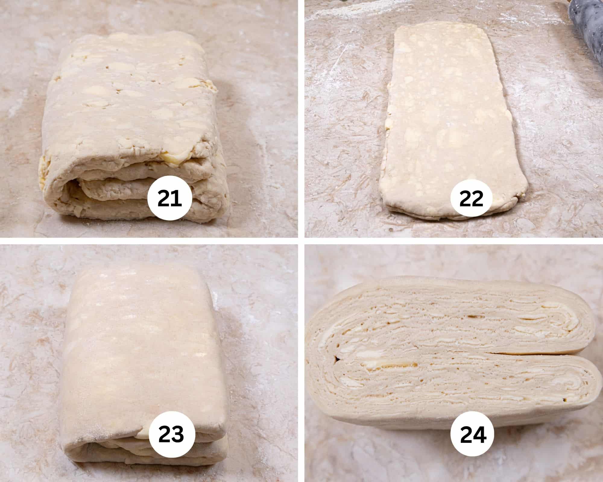 Shown in this collages is he dough turned 90° to the right, the final rollout, the finished dough folded and the dough cut in half to show the layering of butter and dough,.