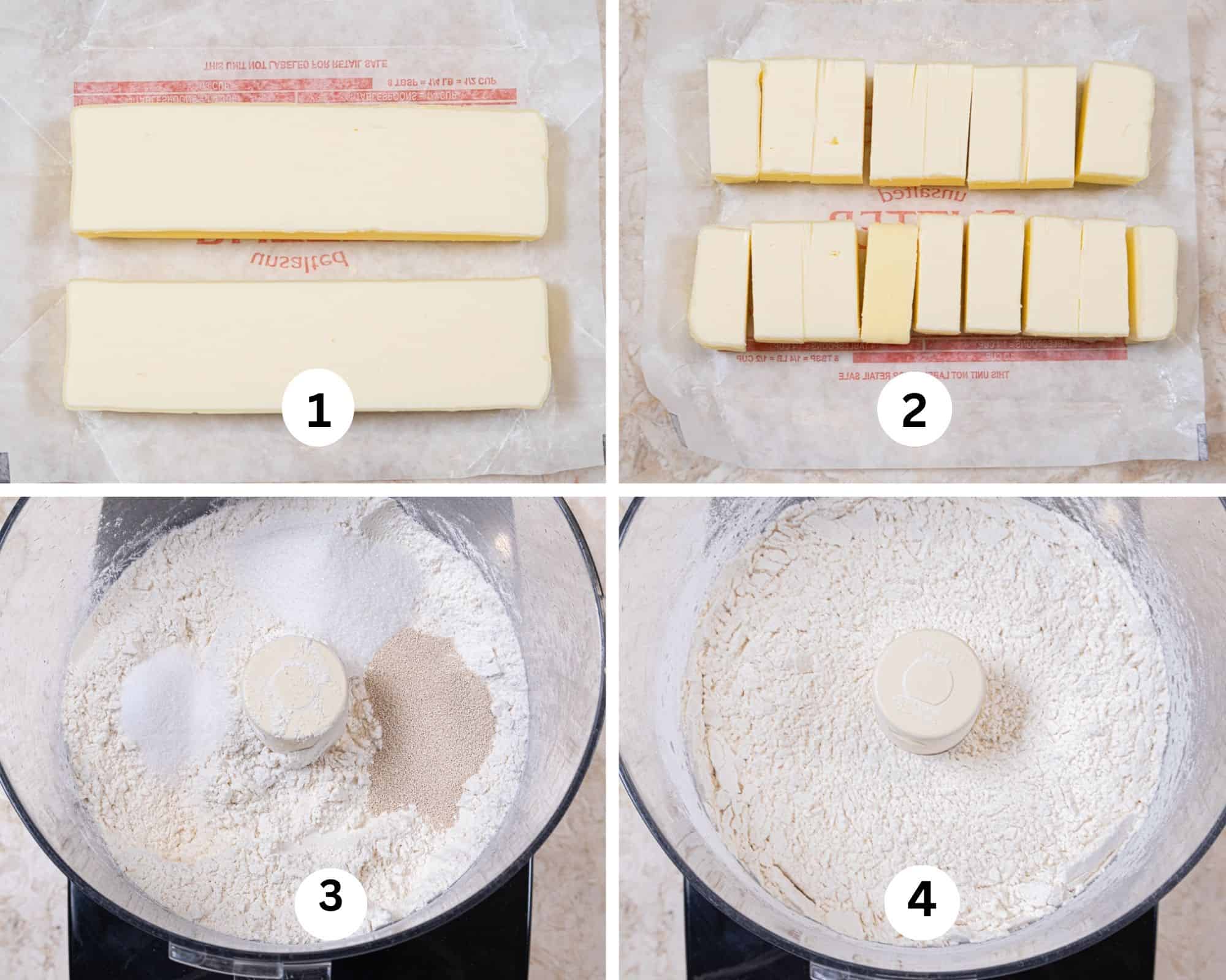 The first collage for the French Croissants shows the butter cut, the dry ingredients in the processor and then mixed.