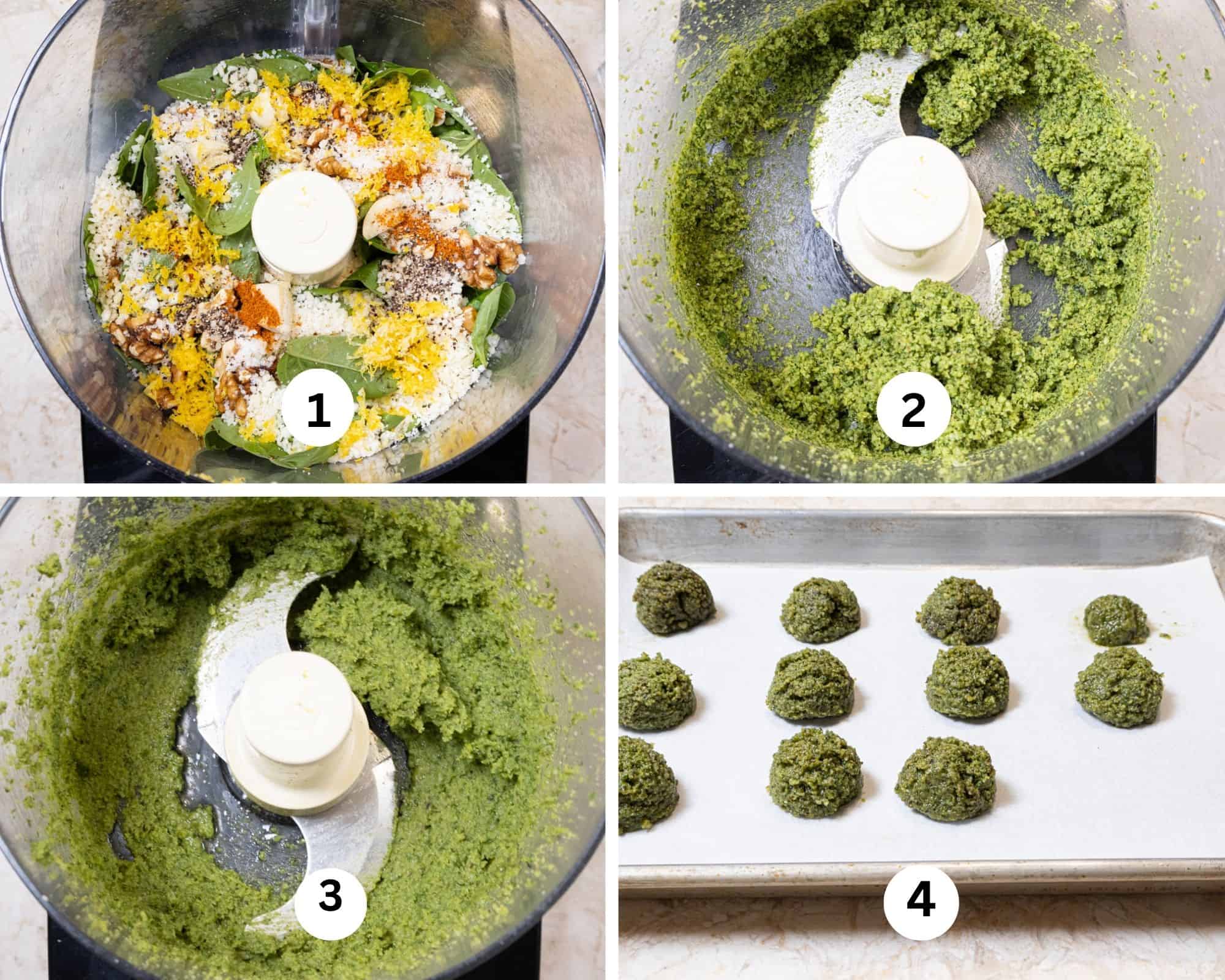 The Lemon Pepper Pesto collage shows all of the ingredints in the processor bowl, processed, the oil added and the finished pesto portioned out in one tablespoon balls.