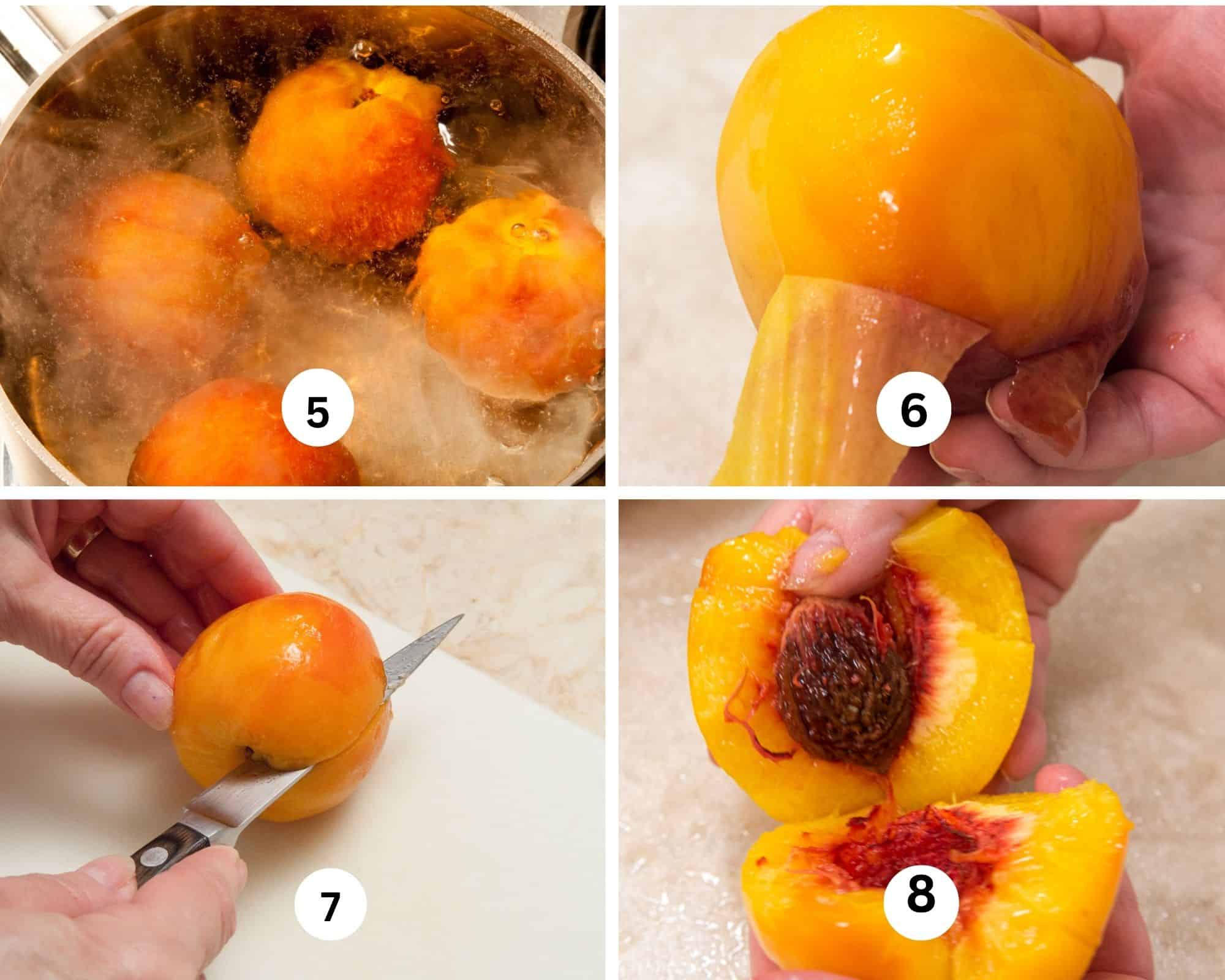 This collage shows the peaches in boiling water, the skin being pulled off, the peach being sliced on the equator and pulled open.