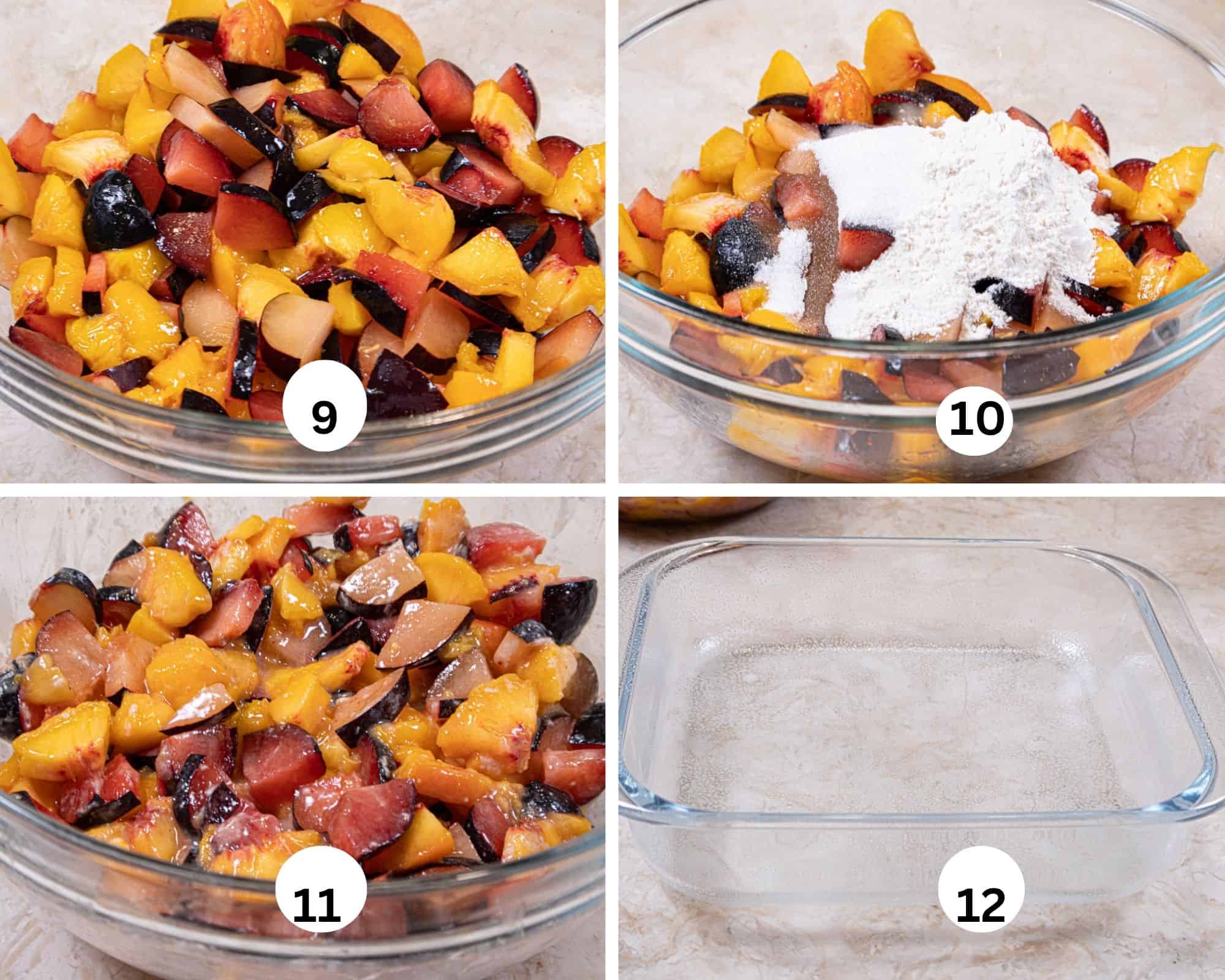 This collage shows the fruit cut in a large bowl, the flour, sugar, vanilla and almond extracts and white balsamic vinegar on top of the fruit, then mixed together and the 8x8 inch glass dish.