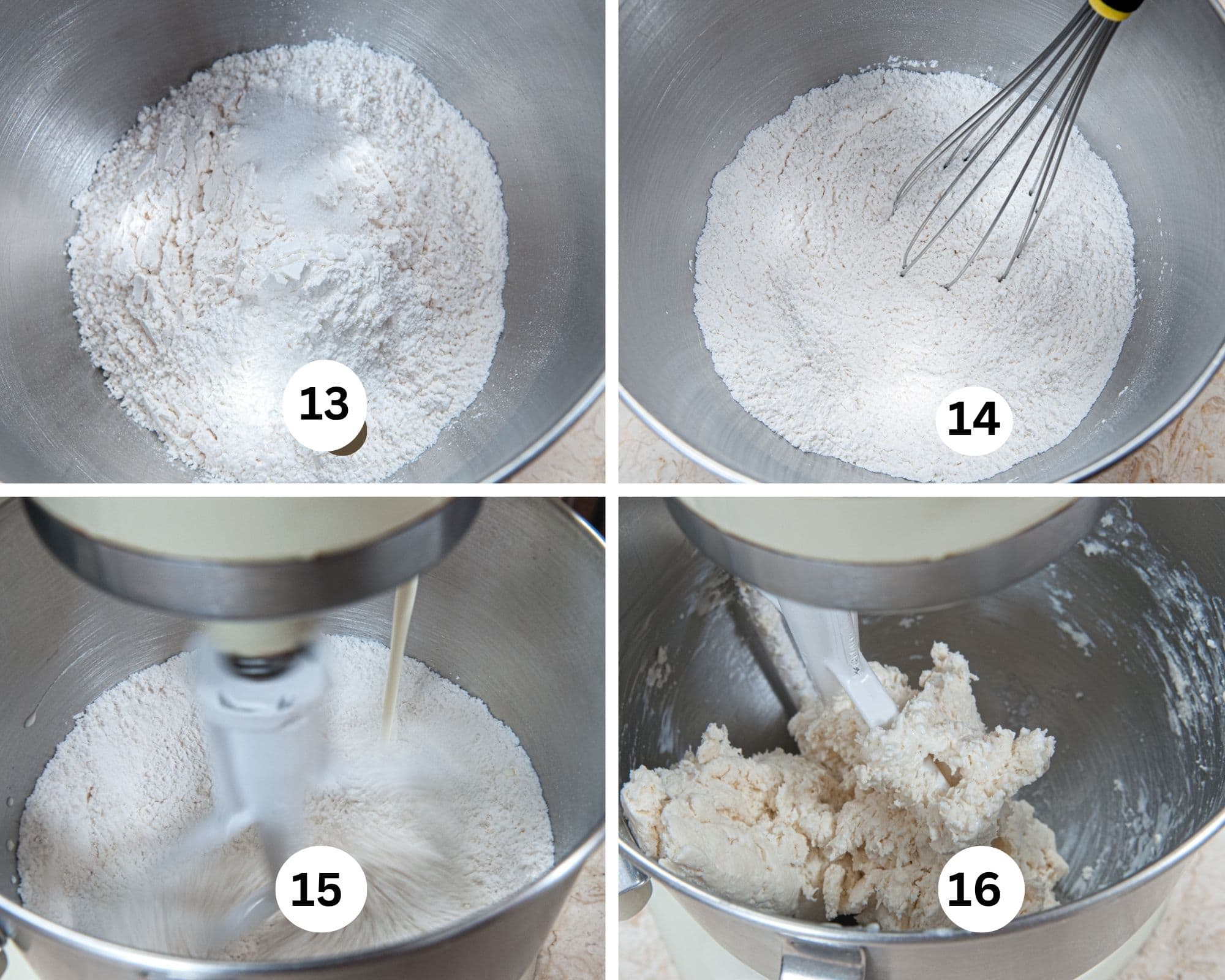 The biscuit top collage shows the cake flour, baking powder, salt and sugar in the bowl of a mixer, then whisked together, the cream being poured in and the final dough.