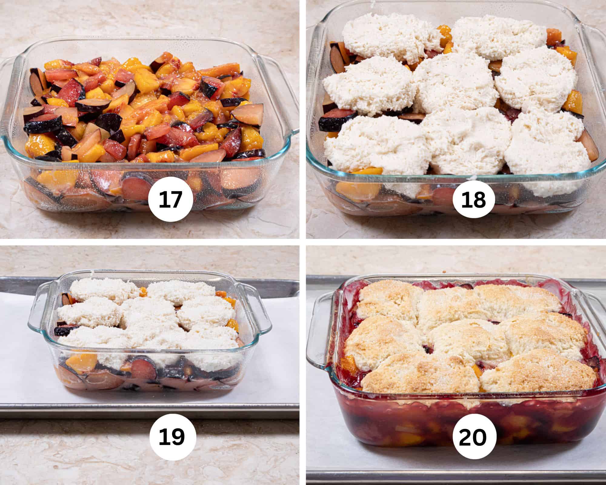 The last collage shows the fruit in the 8x8 inch pan, the biscuits dropped on top of the filling, the dish put in a half sheet pan and the baked cobbler.