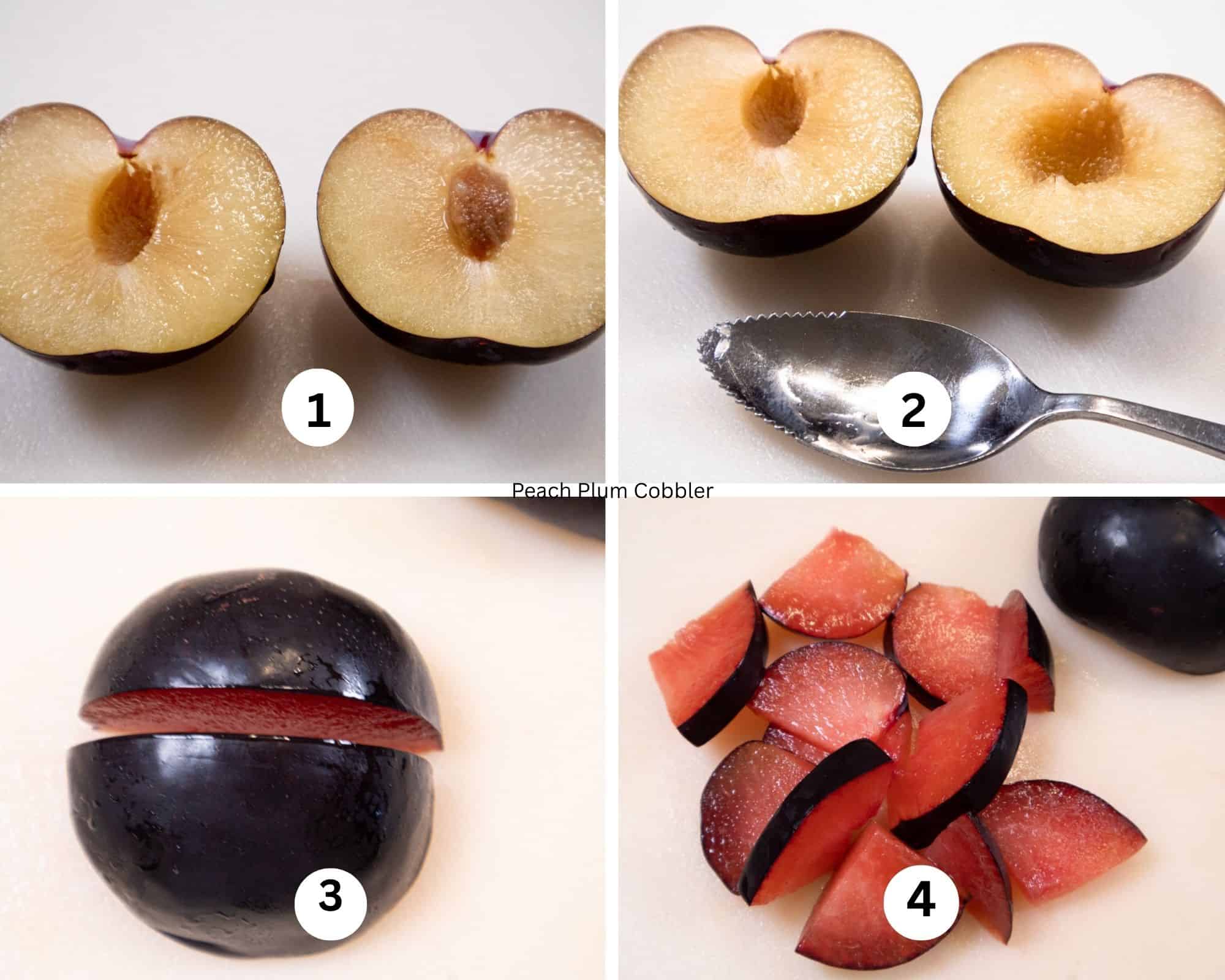 The first collage for the Peach and Plum Fruit Cobbler shows a plum cut with the seed, without the seed and a serrated spoon, the plum cut in half and then slicdd into pieces.