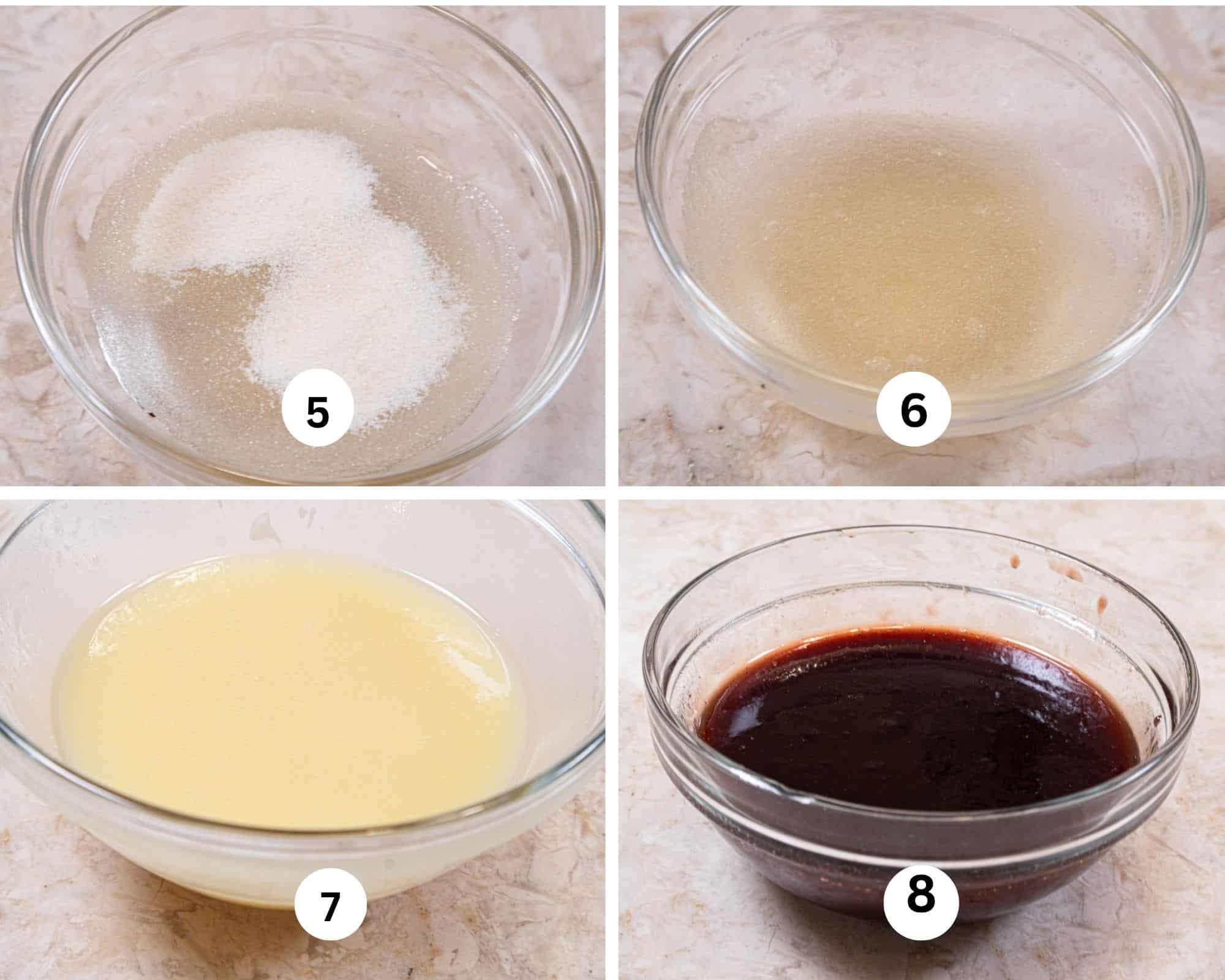 This collage shows the gelatin in the water and bloomed, the white chocolate melted as well as the red raspberry jam.