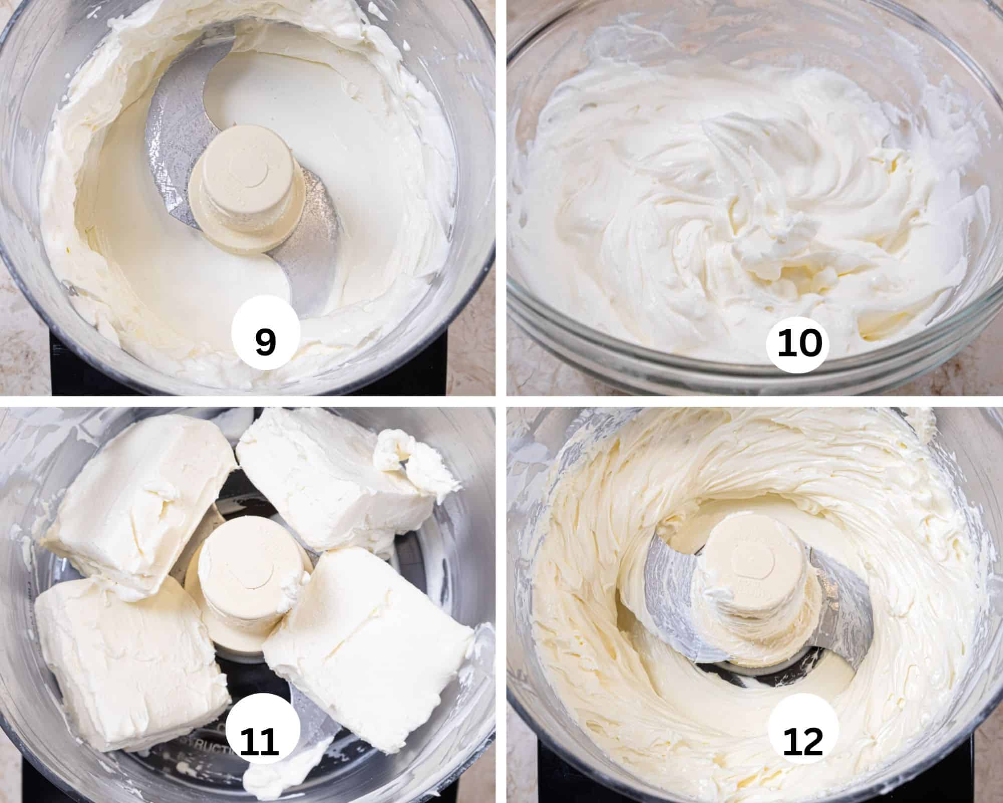 This collage shows the cream being whipped in the processor, followed by the cream cheese being beaten.