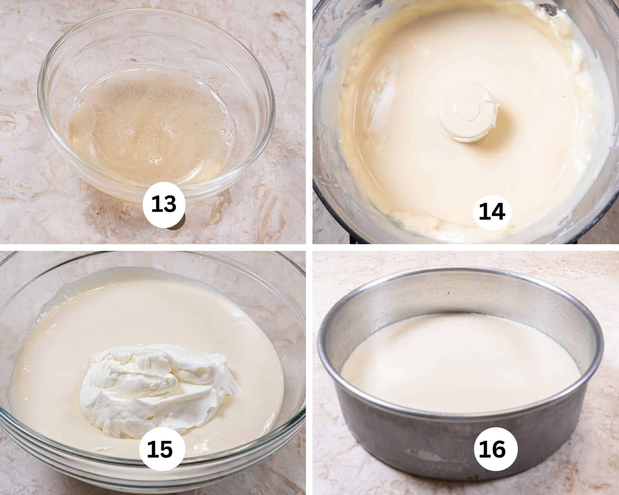 This collage shows the gelatin has bloomed, the cheesecake bing mixed in the processor, the whipped cream being folded in and the cheesecake in the pan.